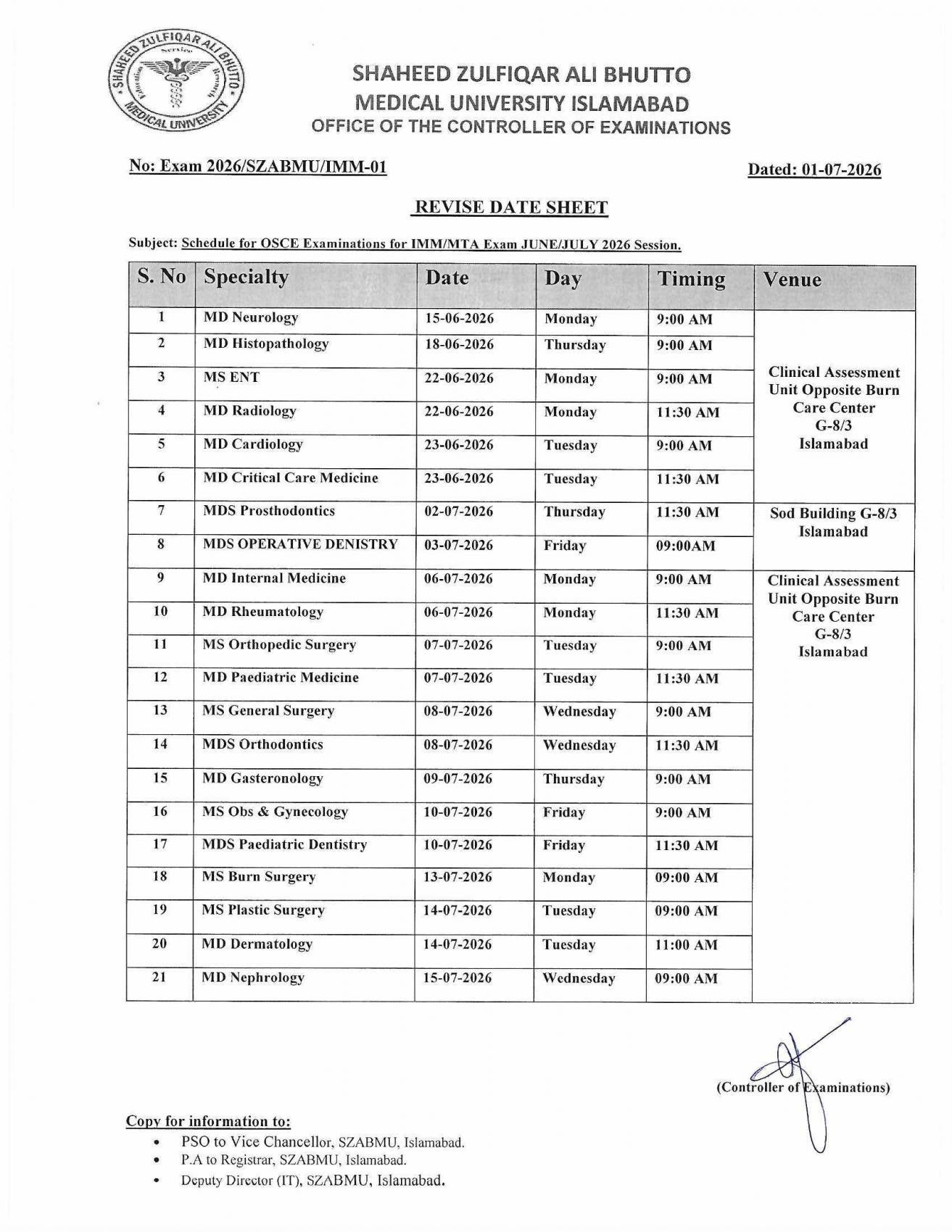 SZABMU Revised Date Sheet 2026 Released for OSCE IMM/MTA Exams SZABMU Revised Date Sheet 2026 Released for OSCE IMM/MTA Exams