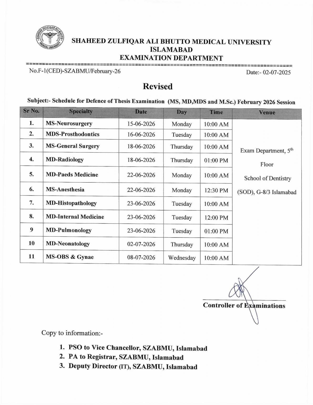 SZABMU Revised Exam Schedule 2026 Released for Defence Thesis PG Exams SZABMU Revised Exam Schedule 2026 Released for Defence Thesis PG Exams