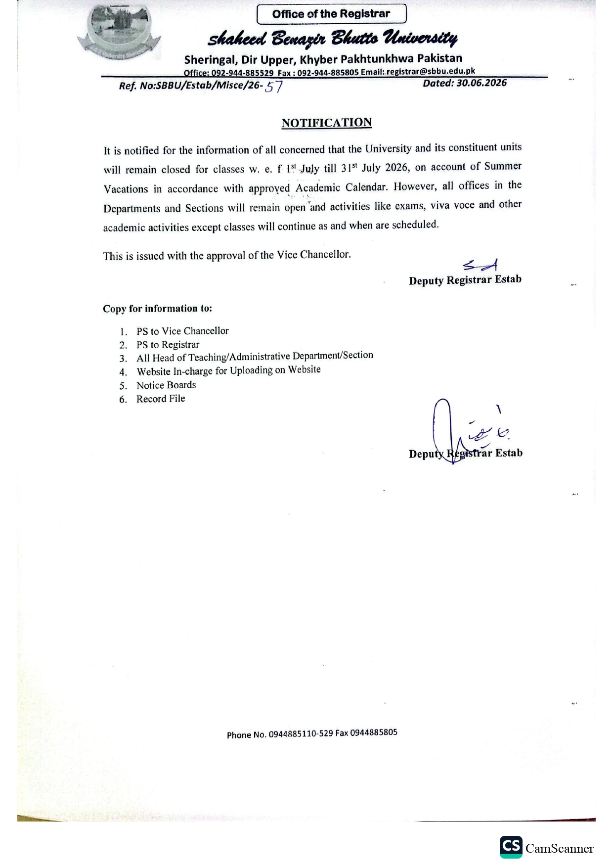 SBBU Summer Vacation Notice 2026 Announced for Students and Staff SBBU Summer Vacation Notice 2026 Announced for Students and Staff