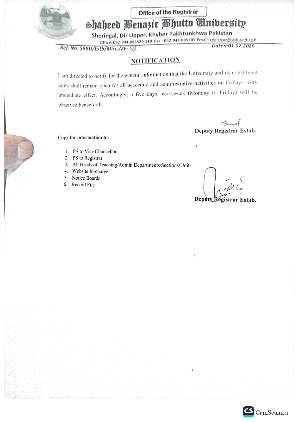 SBBU Notice Regarding Friday Holiday 2026 Issued for Students and Staff SBBU Notice Regarding Friday Holiday 2026 Issued for Students and Staff