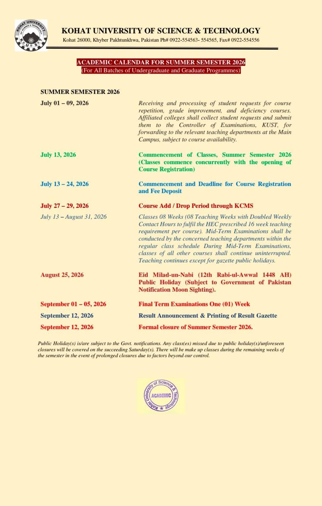 KUST Academic Calendar 2026 Released for Summer Semester KUST Academic Calendar 2026 Released for Summer Semester