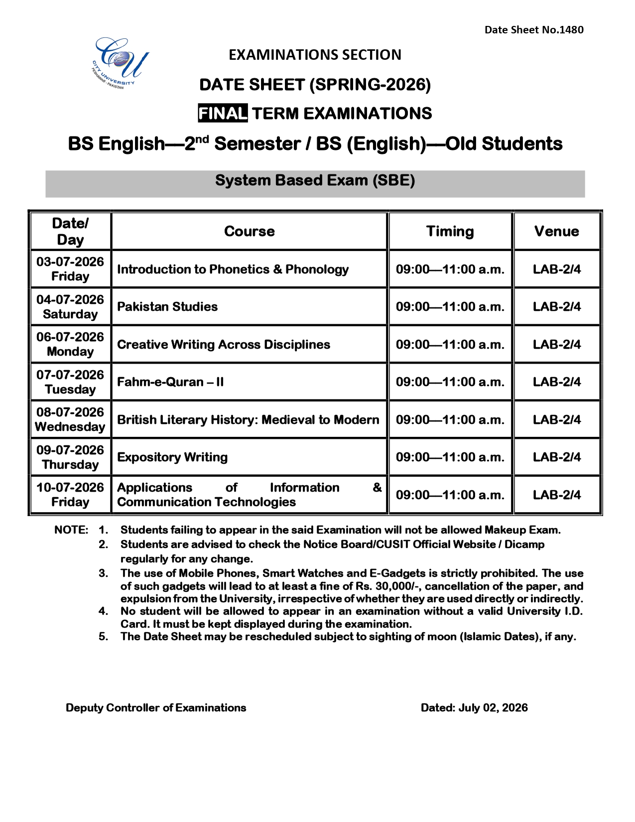 CUSIT Date Sheet 2026 Released for BS English Spring Final Exams CUSIT Date Sheet 2026 Released for BS English Spring Final Exams