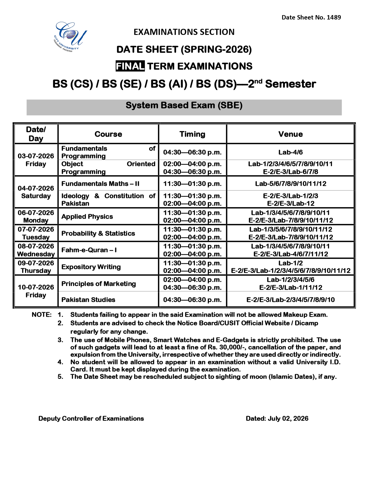 CUSIT Date Sheet 2026 Released for BSCS, BSSE, BSAI & BSDS Exams CUSIT Date Sheet 2026 Released for BSCS, BSSE, BSAI & BSDS Exams