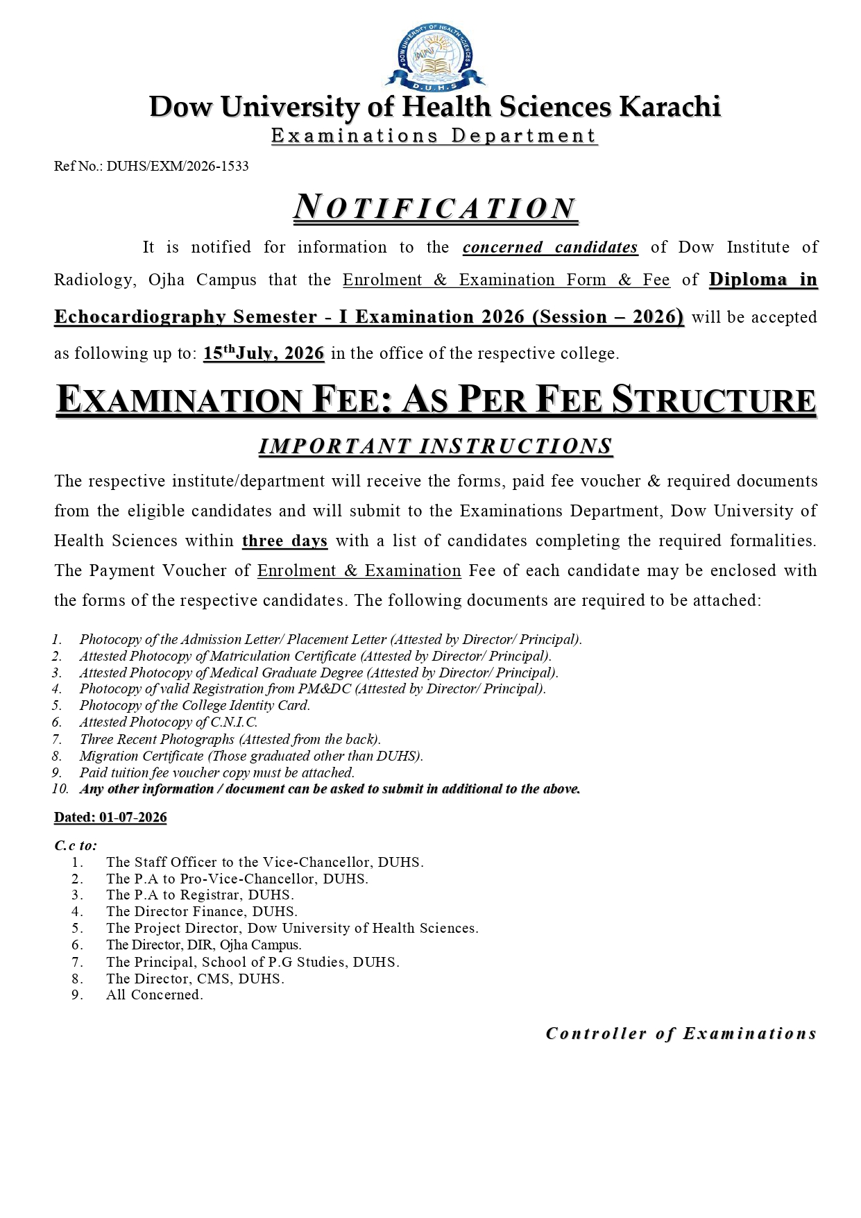 DUHS Diploma in Echocardiography Enrolment & Exam Form & Fee Notice 2026 Out