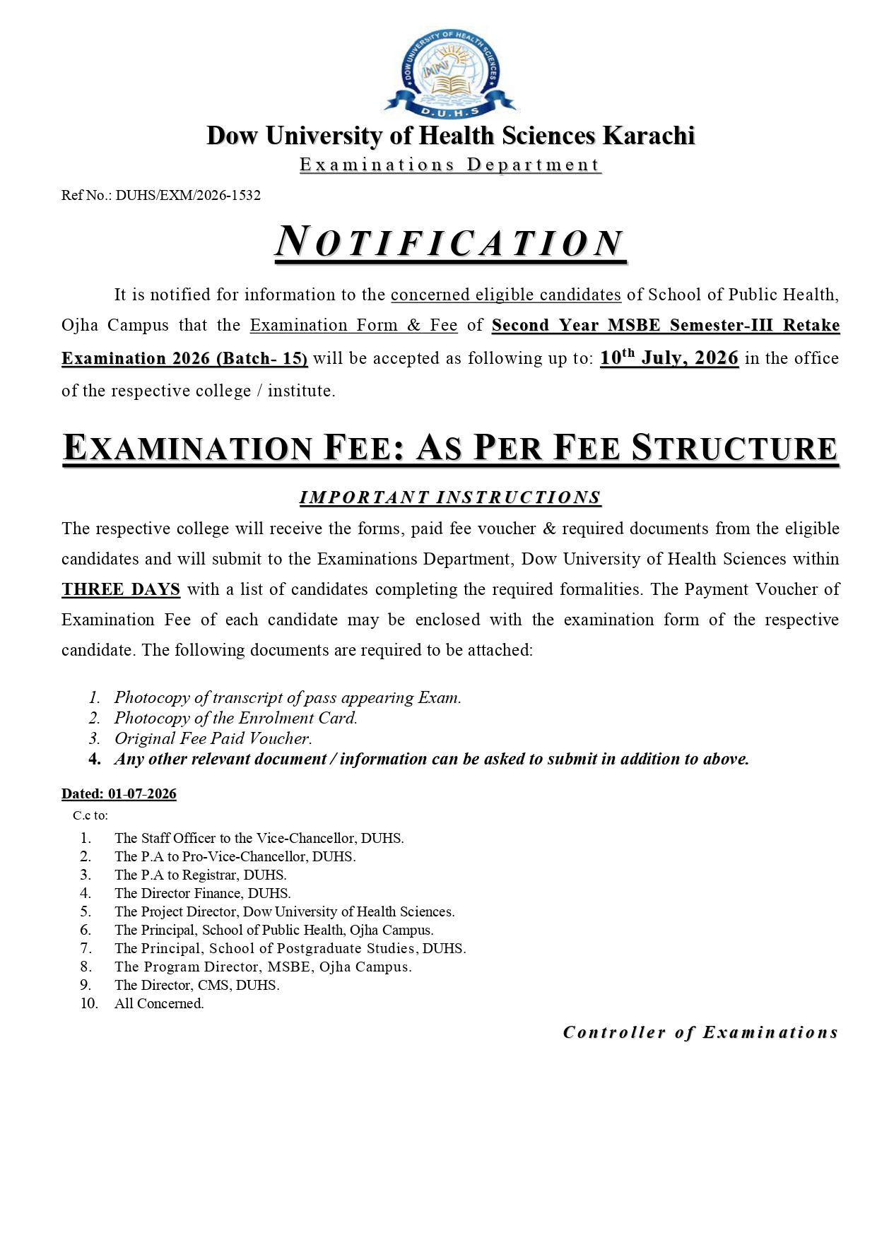 DUHS Exam Form & Fee Notice 2026 Issued for MSBE Semester III Retake Exam DUHS Exam Form & Fee Notice 2026 Issued for MSBE Semester III Retake Exam