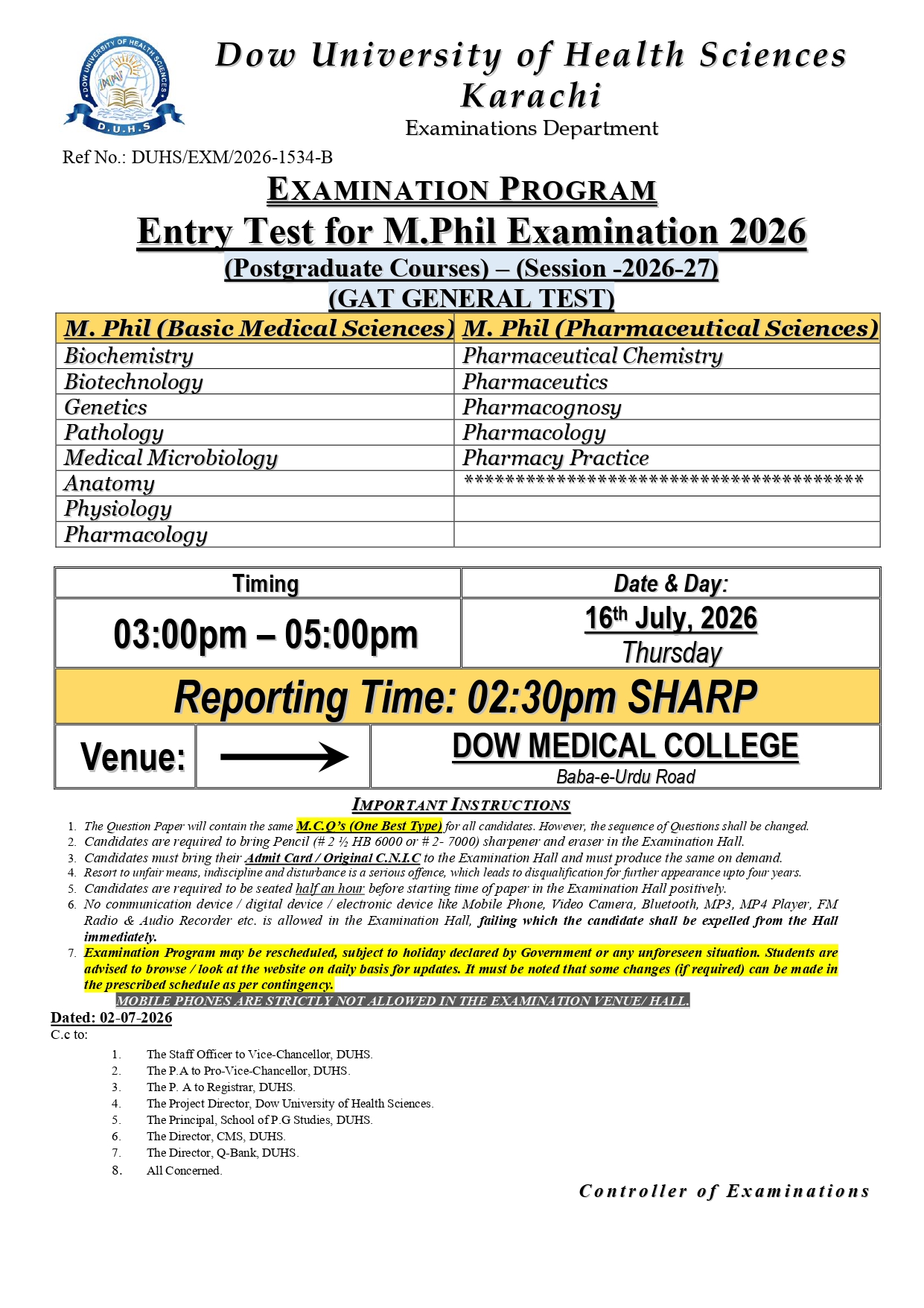 DUHS Announces M.Phil Entry Test Schedule for Session 2026-27 DUHS Announces M.Phil Entry Test Schedule for Session 2026-27
