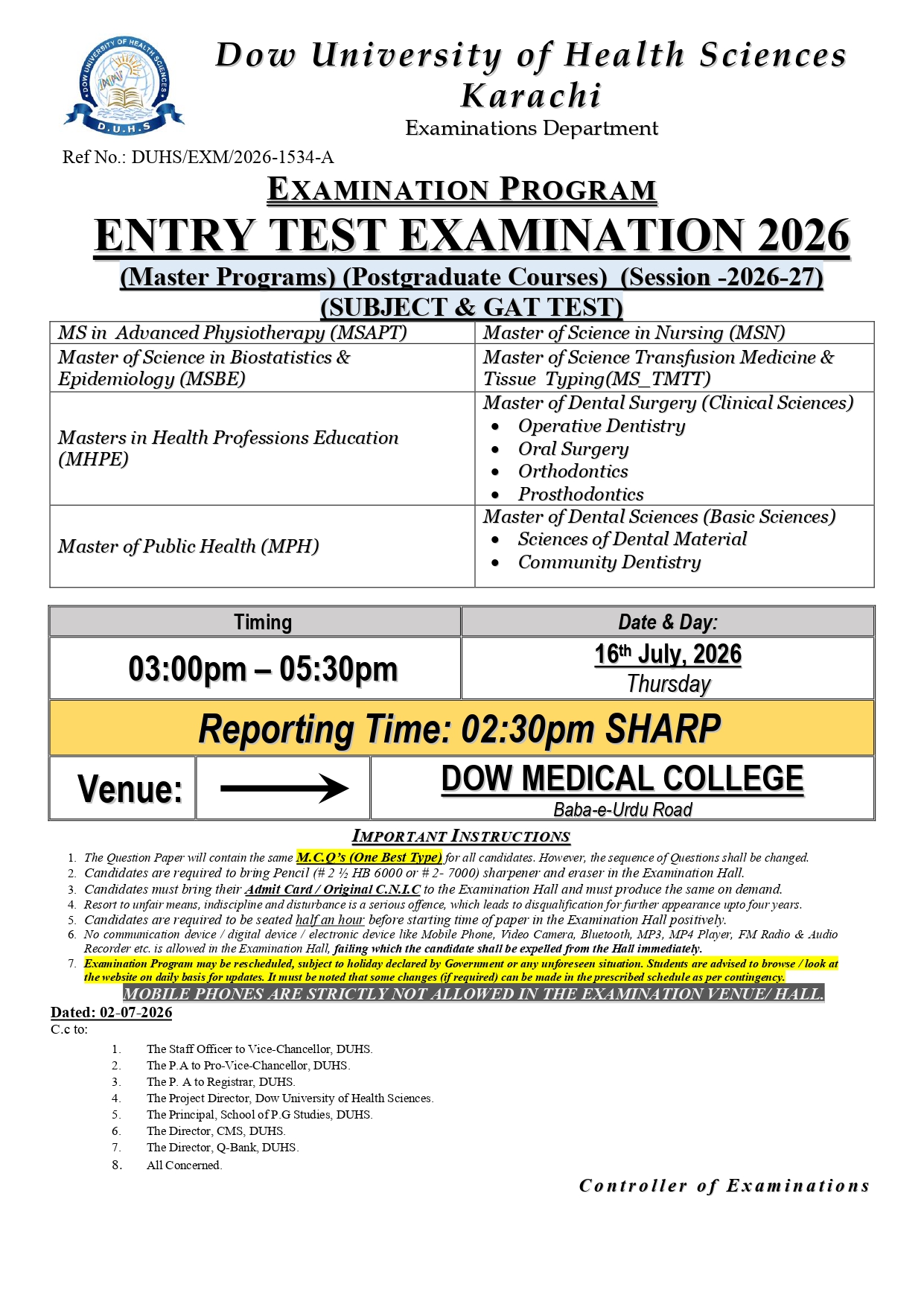 DUHS Announces Entry Test for Master Programs Session 2026-27 DUHS Announces Entry Test for Master Programs Session 2026-27