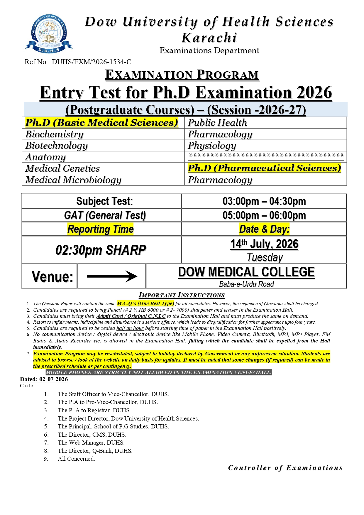 DUHS Entry Test Schedule 2026 Released for Ph.D Admissions DUHS Entry Test Schedule 2026 Released for Ph.D Admissions