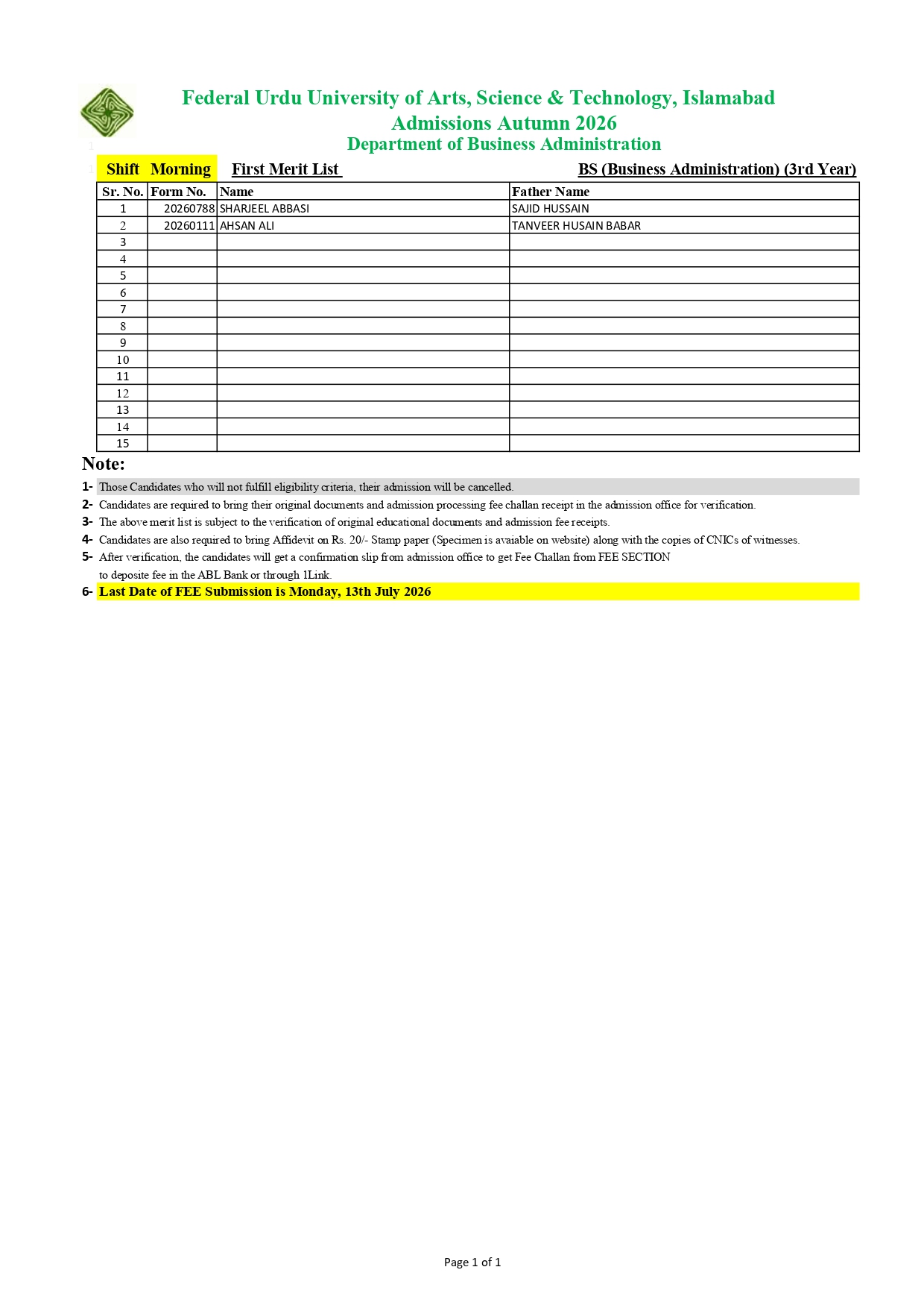 FUUAST Merit List 2026 Announced for BBA 3 Year Morning Shift FUUAST Merit List 2026 Announced for BBA 3 Year Morning Shift