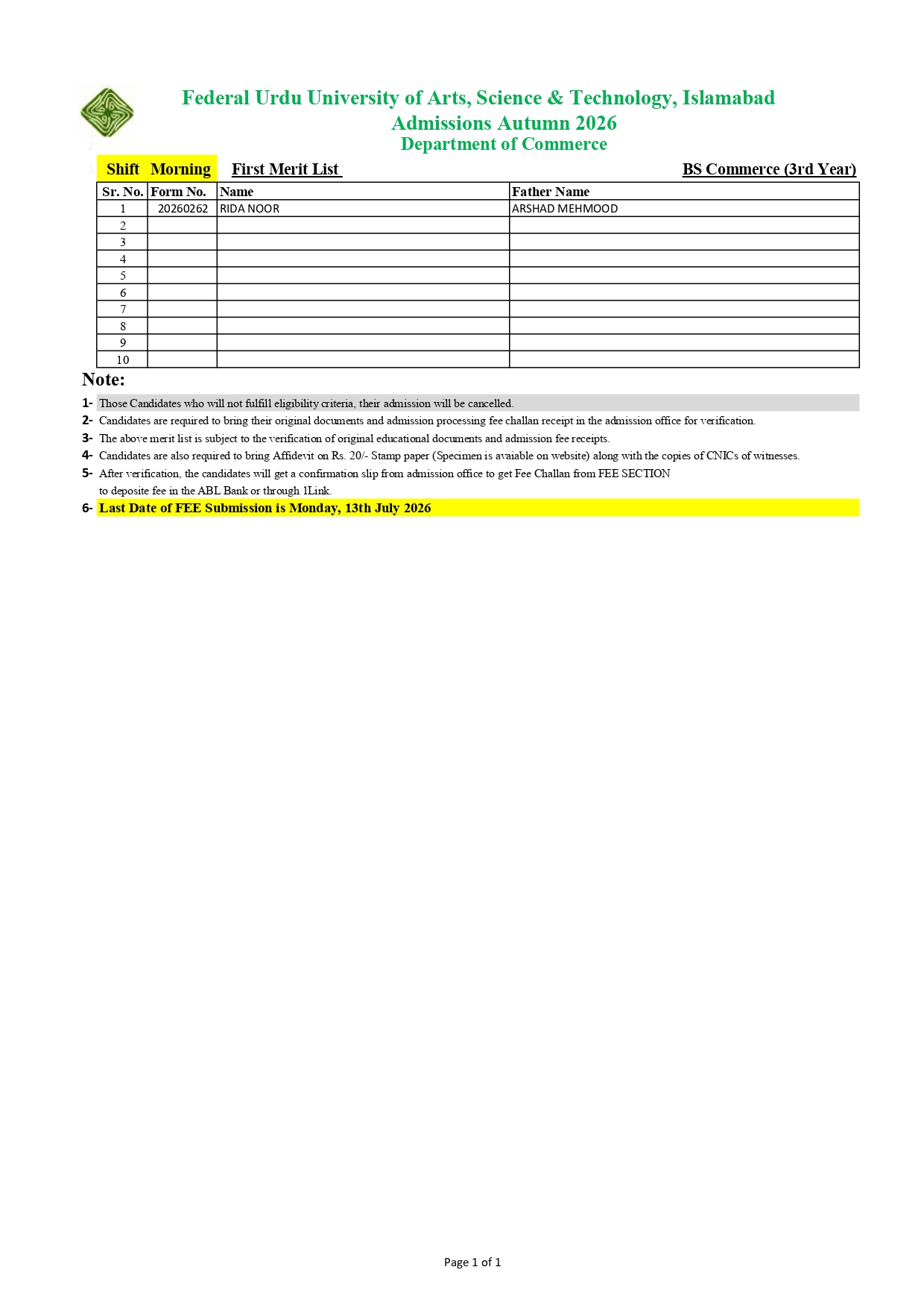 FUUAST Merit List 2026 Announced for BS 3rd Year Programs FUUAST Merit List 2026 Announced for BS 3rd Year Programs