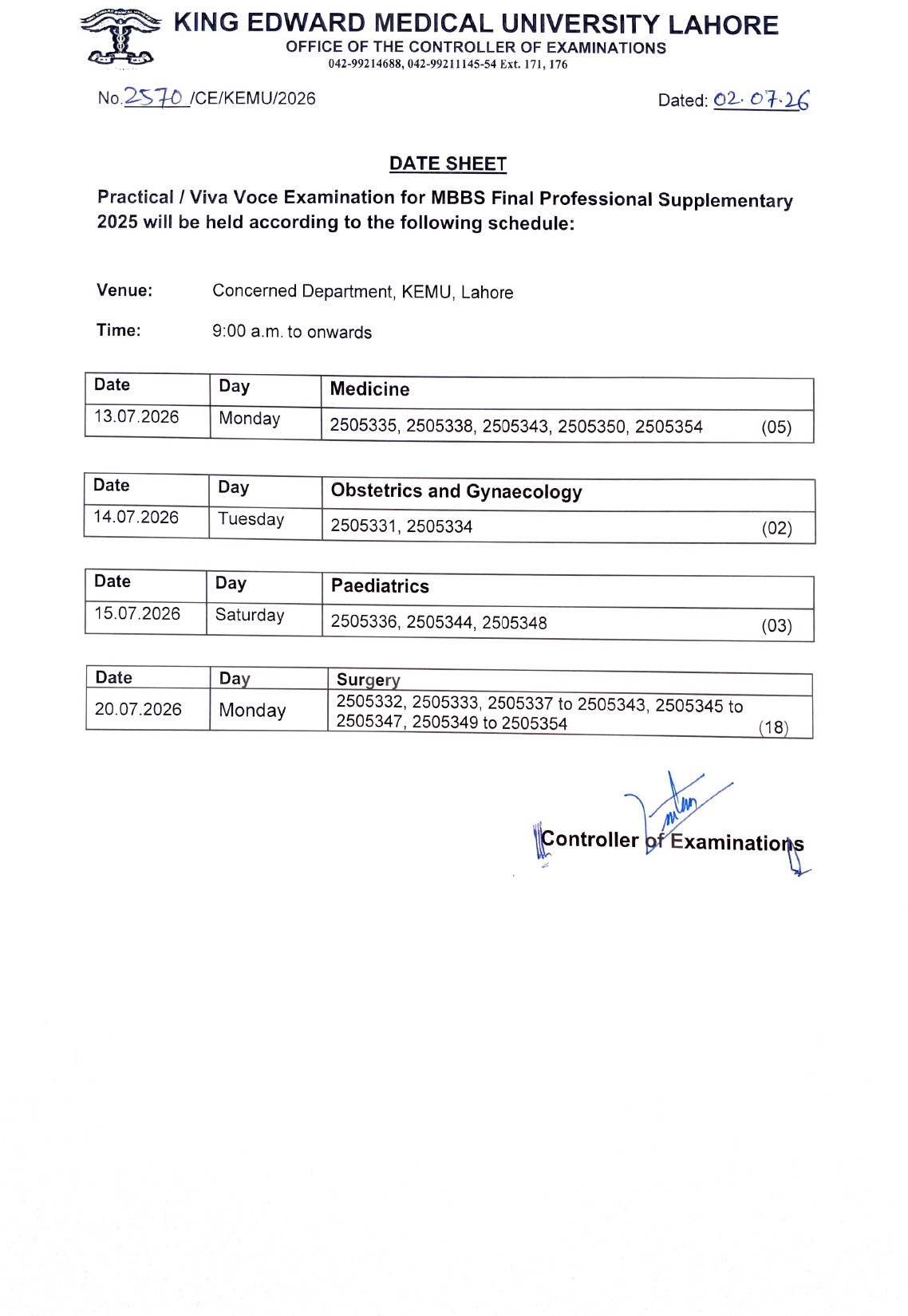 KEMU Date Sheet 2026 Released for MBBS Final Professional Supplementary Exams KEMU Date Sheet 2026 Released for MBBS Final Professional Supplementary Exams