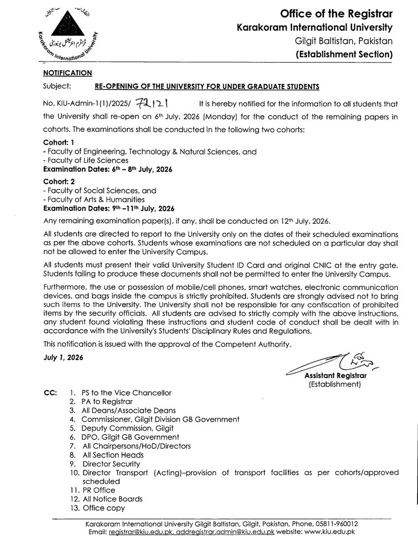 KIU University Reopening Notice 2026 Issued for UG Exams KIU University Reopening Notice 2026 Issued for UG Exams