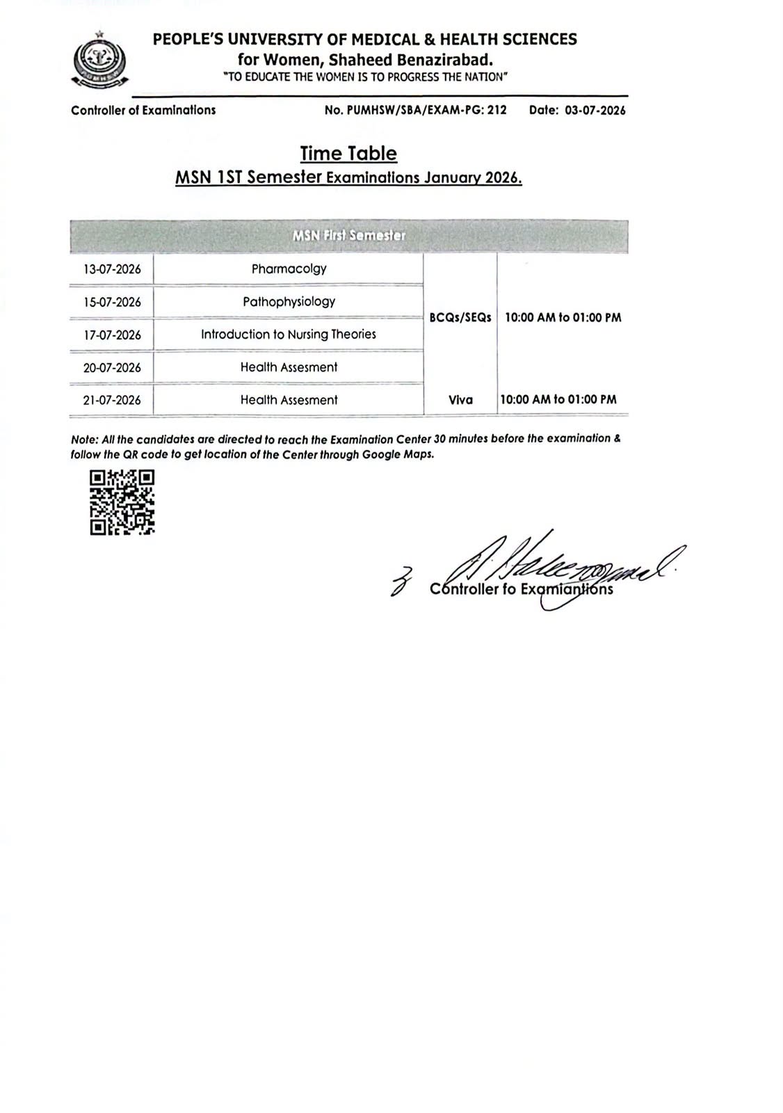 PUMHS Announces MSN 1st Semester Time Table 2026 for Students PUMHS Announces MSN 1st Semester Time Table 2026 for Students