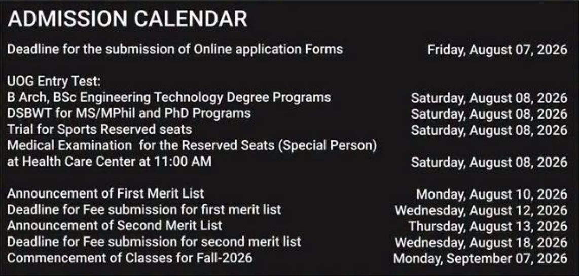 UOG Admission Calendar 2026 Released for Fall Admissions UOG Admission Calendar 2026 Released for Fall Admissions