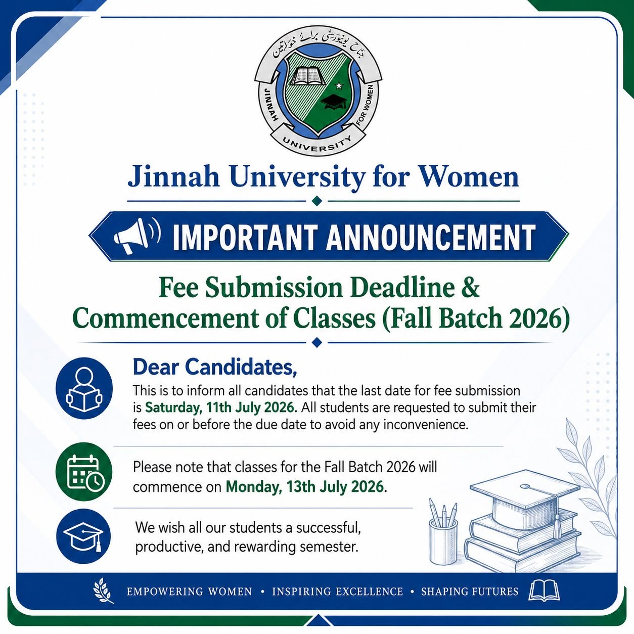 JUW Releases Fee Submission & Classes Notice 2026 for Fall Batch JUW Releases Fee Submission & Classes Notice 2026 for Fall Batch