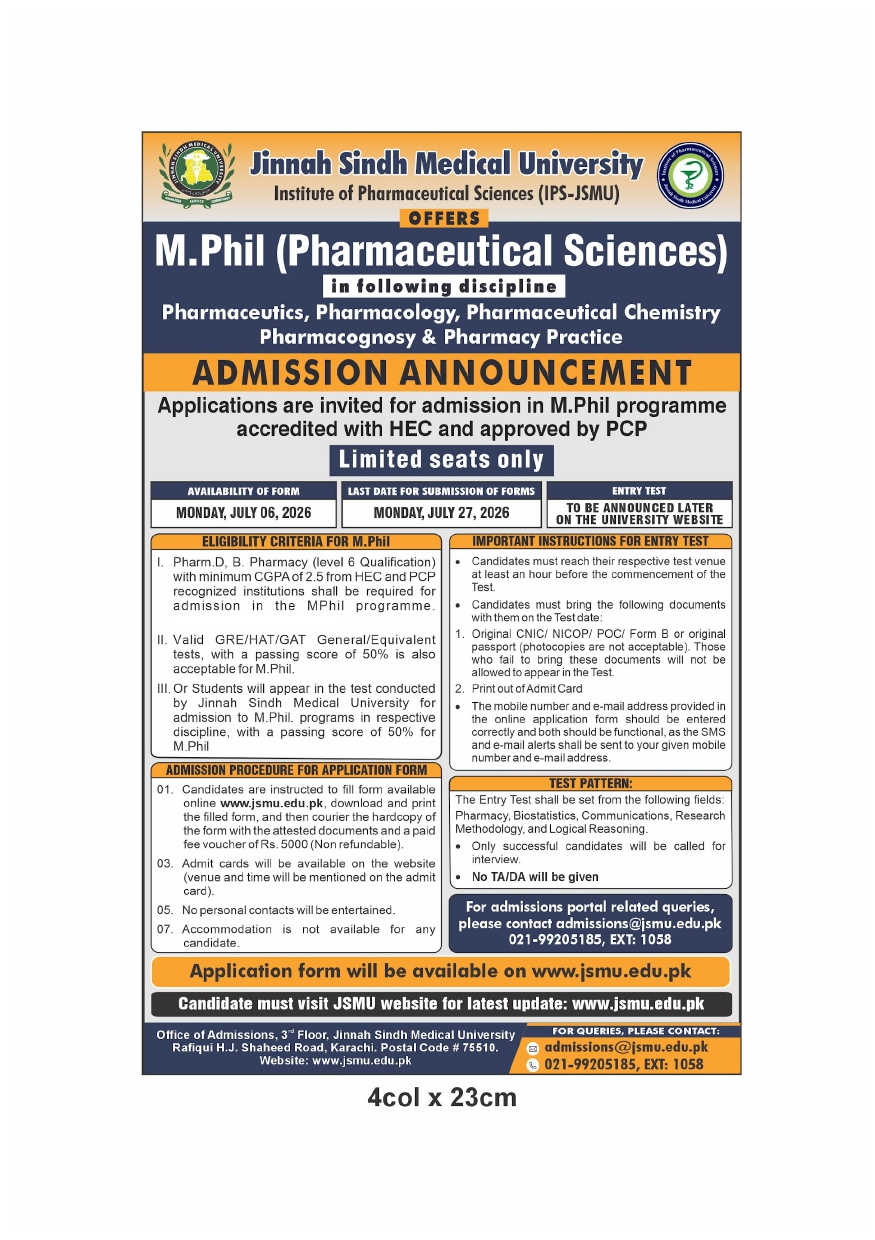 JSMU Admission Notice 2026 Announced for MPhil Pharmaceutical Sciences JSMU Admission Notice 2026 Announced for MPhil Pharmaceutical Sciences