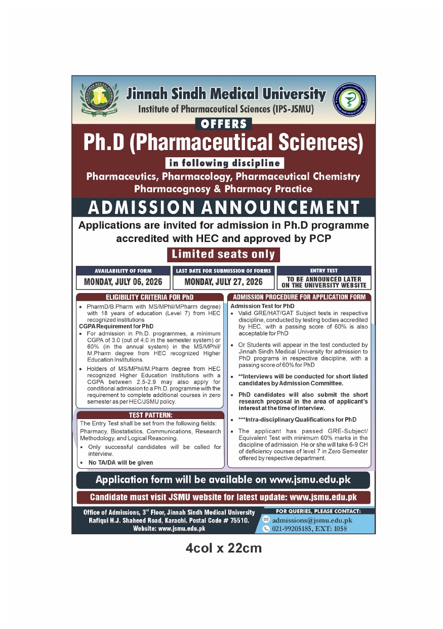 JSMU Admission Notice 2026 Announced for PhD in Pharmaceutical Sciences JSMU Admission Notice 2026 Announced for PhD in Pharmaceutical Sciences