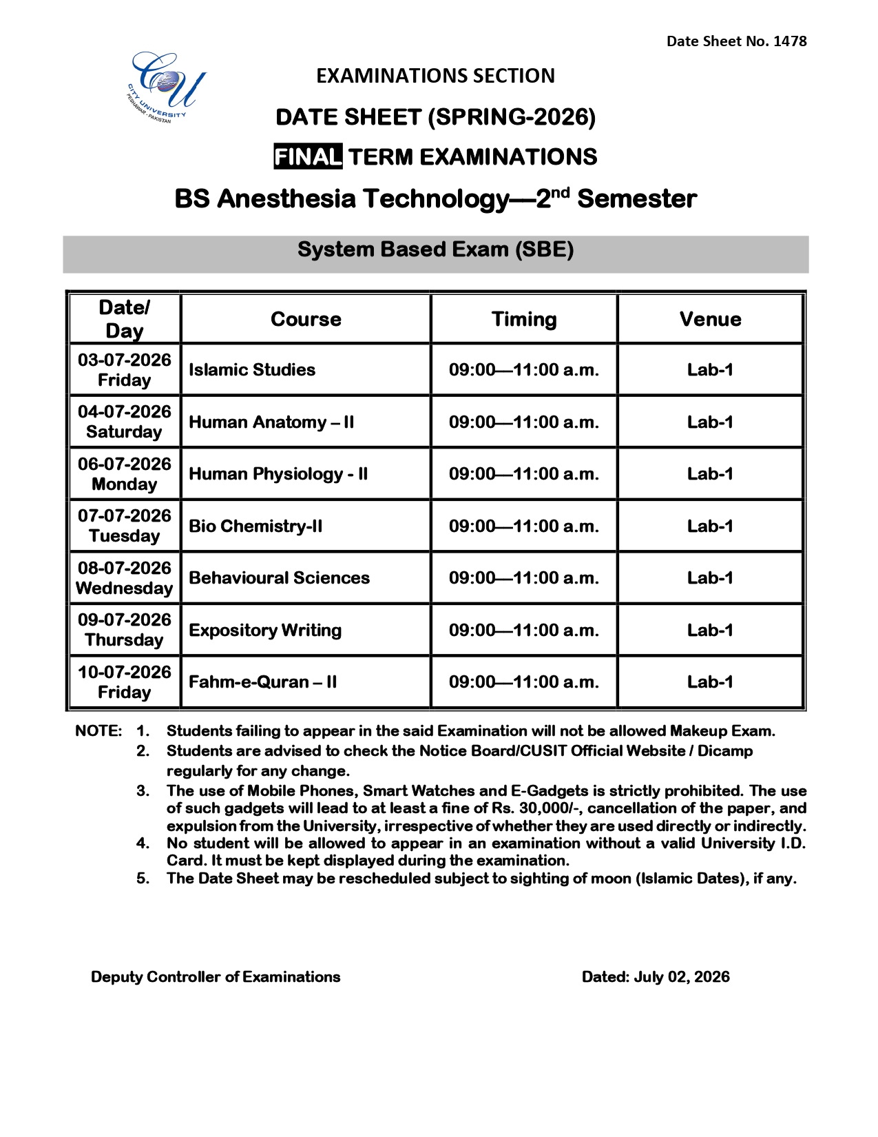 CUSIT Date Sheet 2026 Released for BS Programs Exams CUSIT Date Sheet 2026 Released for BS Programs Exams