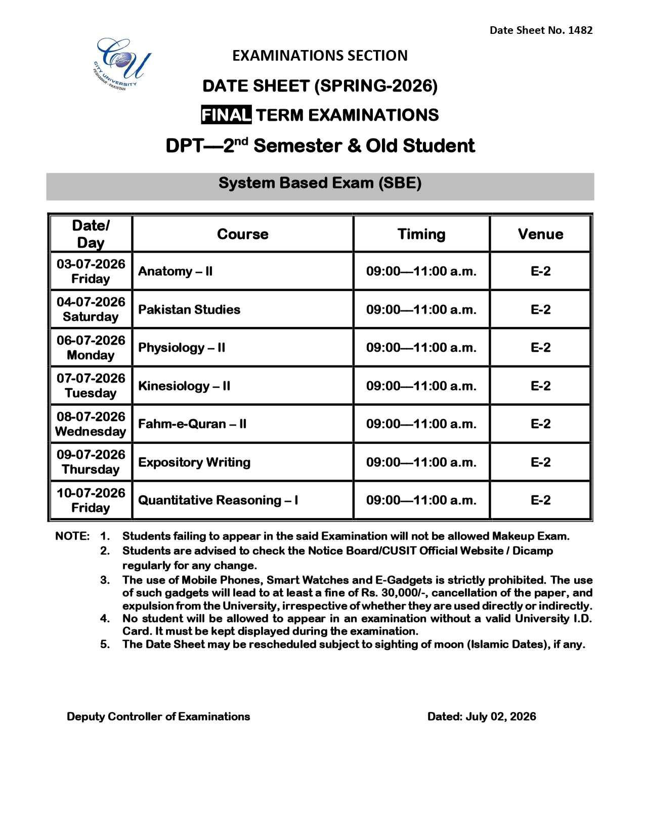 CUSIT Date Sheet 2026 Released for DPT 2nd Semester Final Term Exams CUSIT Date Sheet 2026 Released for DPT 2nd Semester Final Term Exams