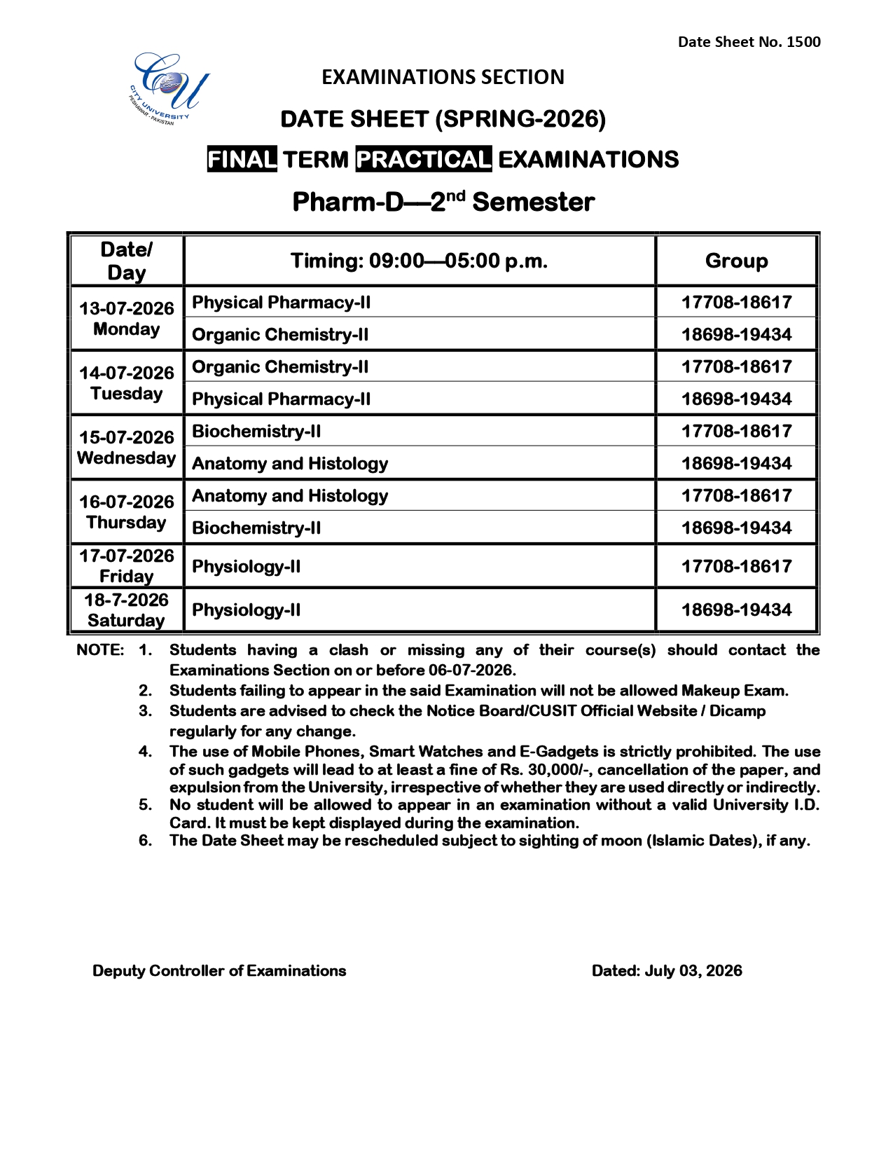 CUSIT Date Sheet for PharmD Program Exams 2026 Released CUSIT Date Sheet for PharmD Program Exams 2026 Released