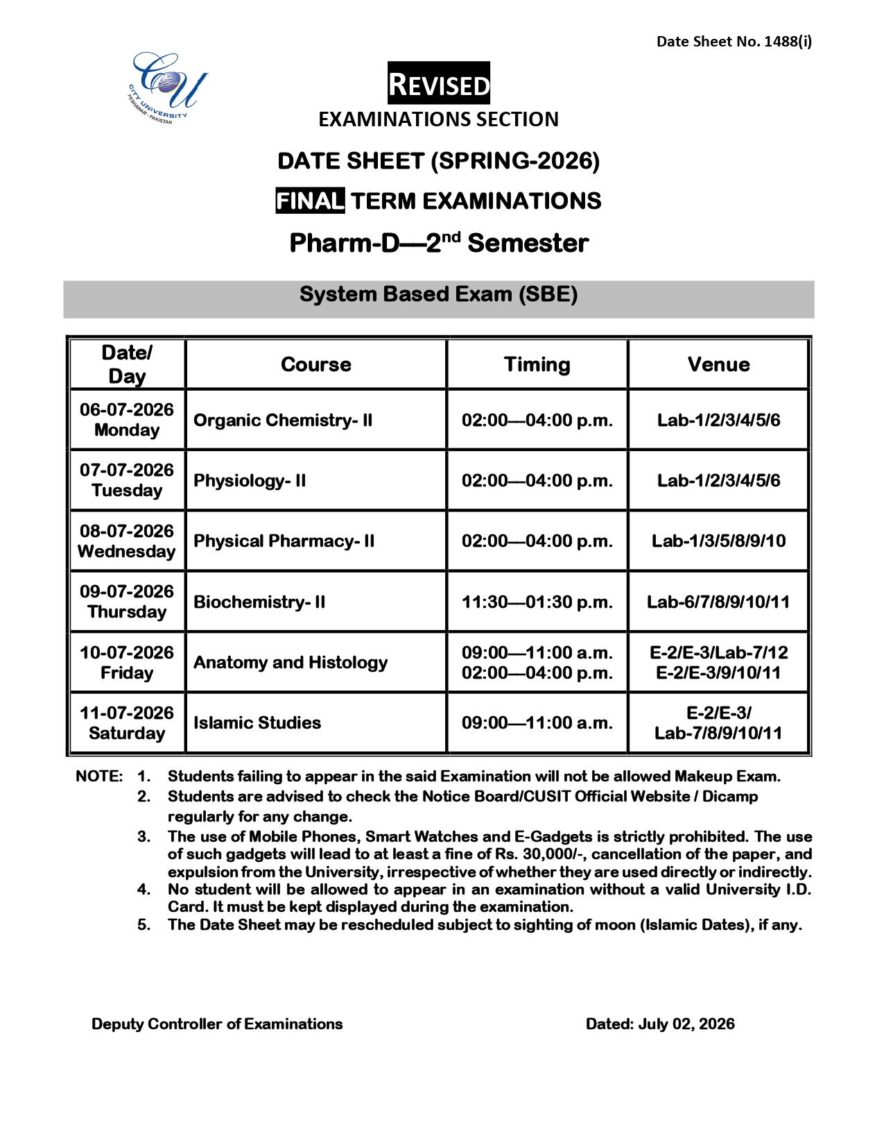 CUSIT Announces PharmD 2nd Semester Date Sheet 2026 for Spring Final Exams