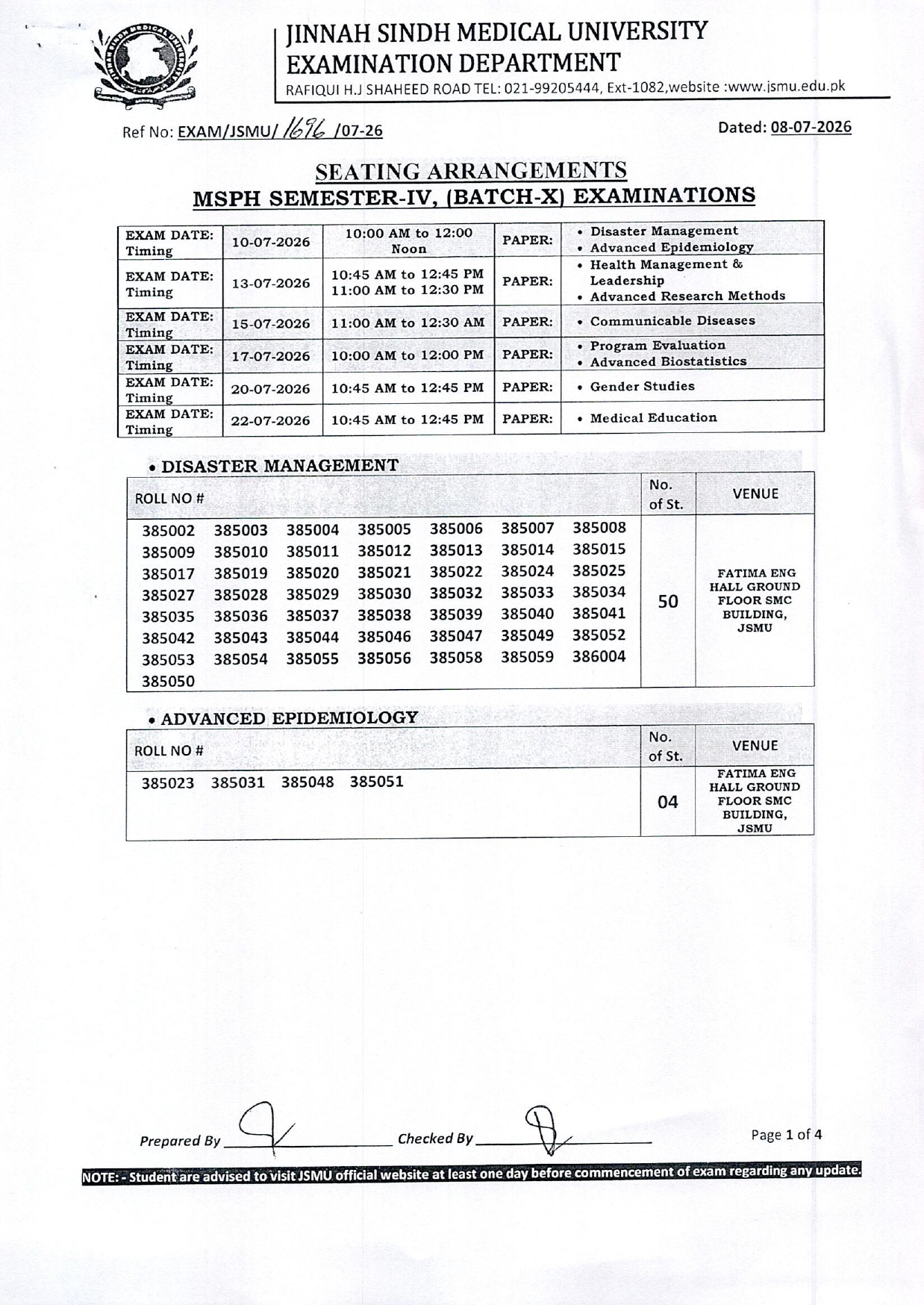 JSMU Date Sheet 2026 Announced for MSPH Semester IV Batch X Exams