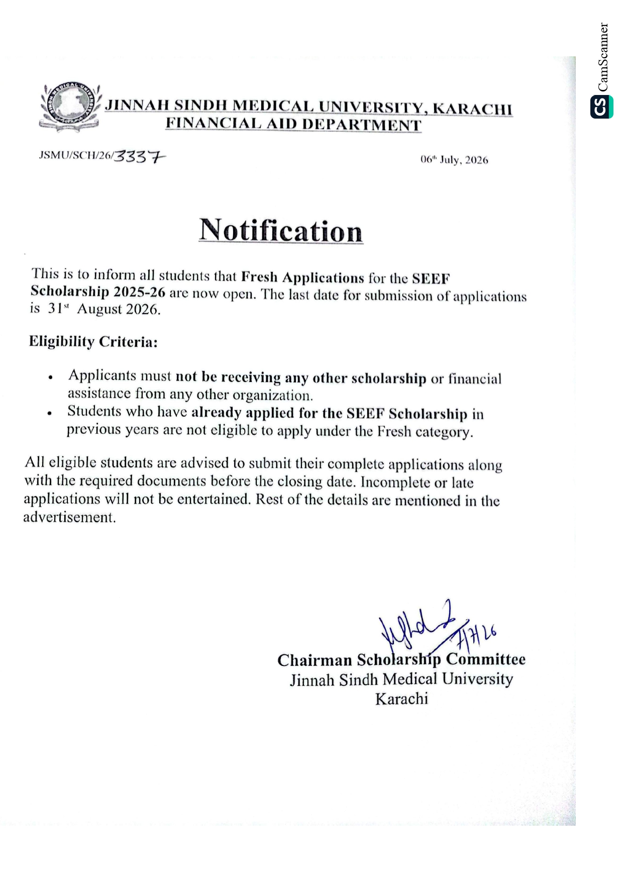 JSMU Scholarship Notice 2026 Announced for SEEF Fresh Applicants