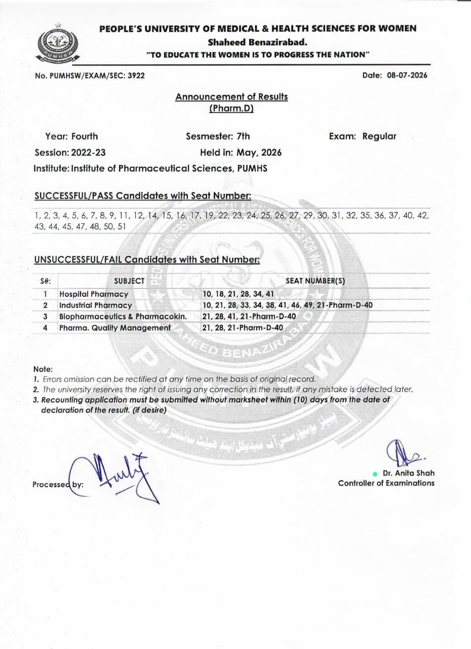 PUMHS Result 2026 Announced for PharmD 4th Year 7th Semester Exams PUMHS Result 2026 Announced for PharmD 4th Year 7th Semester Exams