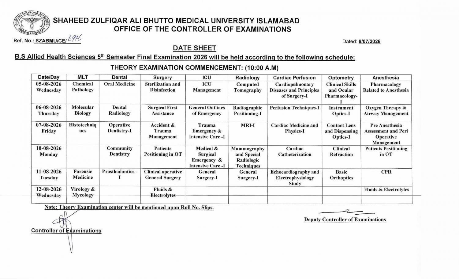 SZABMU Date Sheet 2026 for BS AHS Programs Exams Issued