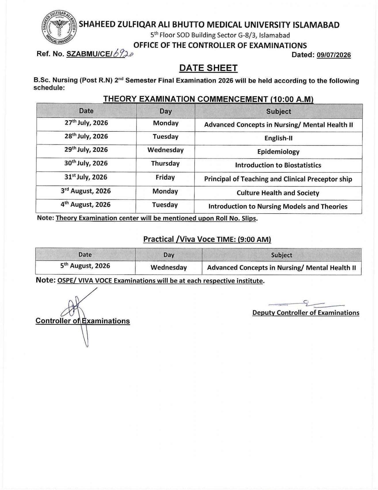 SZABMU Releases BSc Nursing Post RN Exam Date Sheet 2026 for Students SZABMU Releases BSc Nursing Post RN Exam Date Sheet 2026 for Students