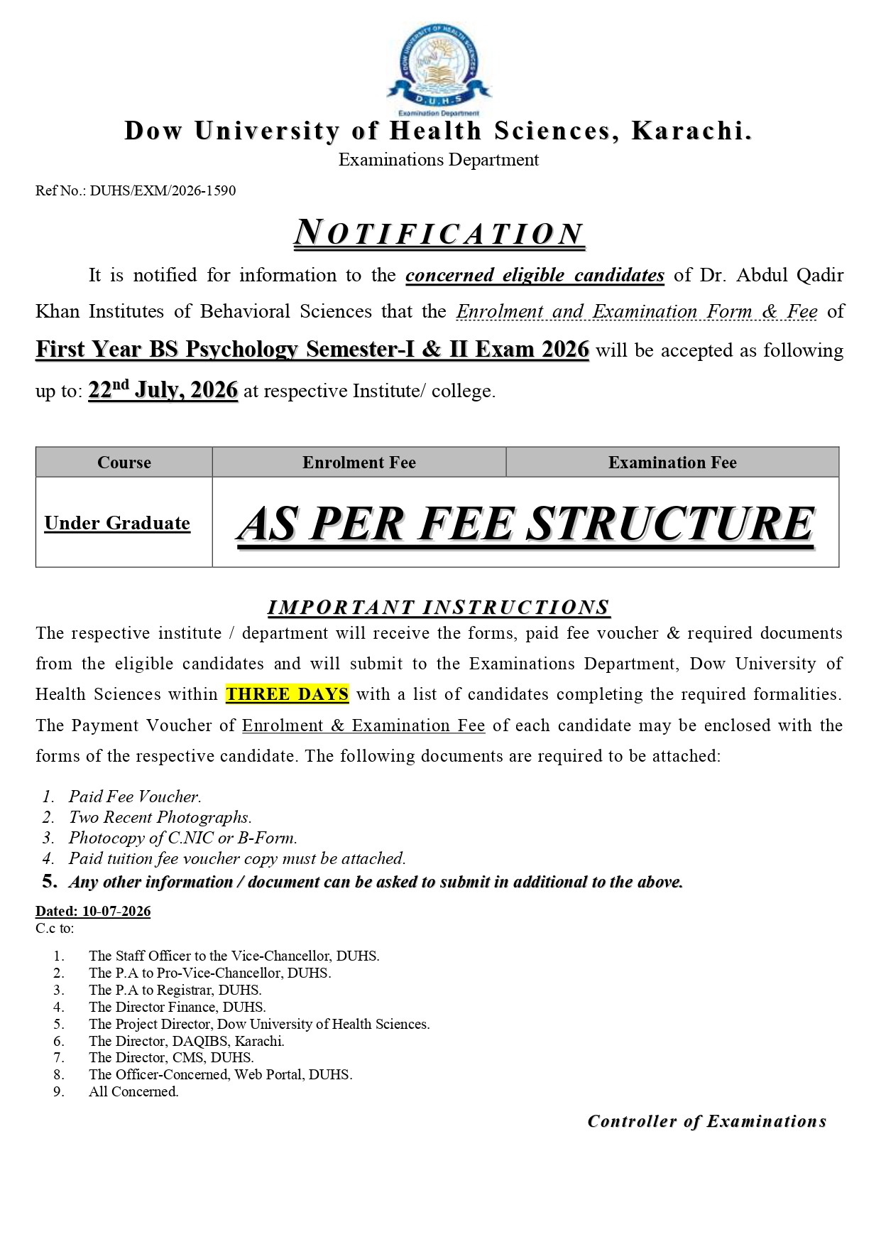 DUHS Announces BS Psychology Exam Form and Enrolment Fee Notice 2026 DUHS Announces BS Psychology Exam Form and Enrolment Fee Notice 2026