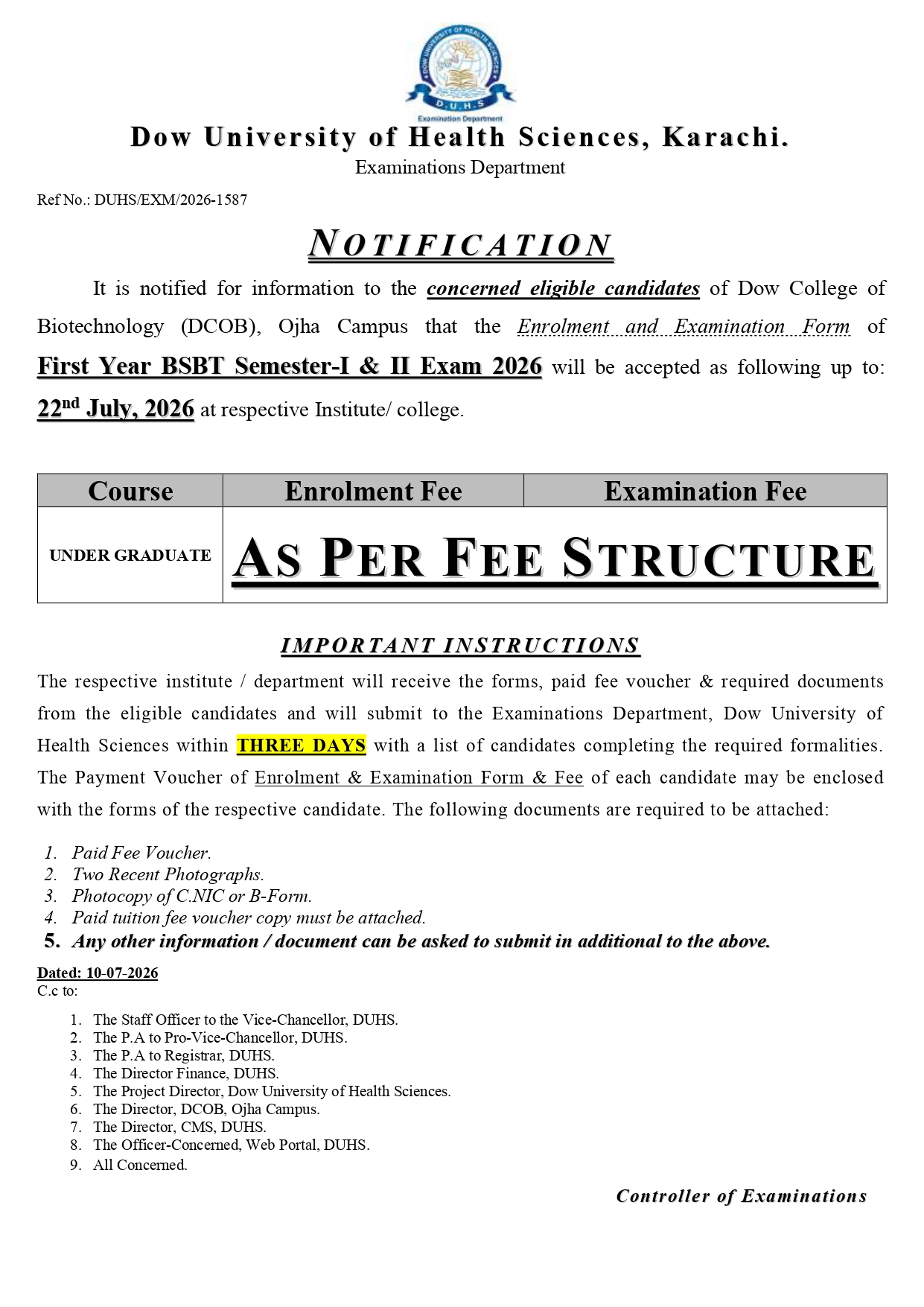 DUHS Enrolment & Exam Form Notice 2026 Issued for 1st Year BSBT Semester I & II DUHS Enrolment & Exam Form Notice 2026 Issued for 1st Year BSBT Semester I & II