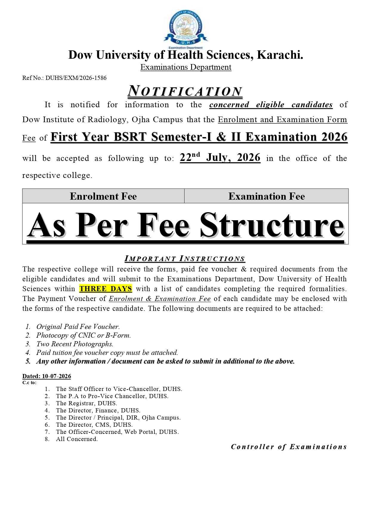 DUHS Enrolment & Exam Form & Fee 2026 for 1st Year BSRT Semester I & II Out DUHS Enrolment & Exam Form & Fee 2026 for 1st Year BSRT Semester I & II Out