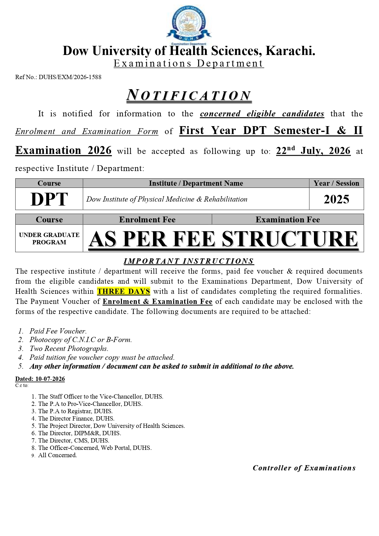 DUHS Enrolment & Exam Form Notice 2026 Issued for 1st Year DPT Semester I & II DUHS Enrolment & Exam Form Notice 2026 Issued for 1st Year DPT Semester I & II