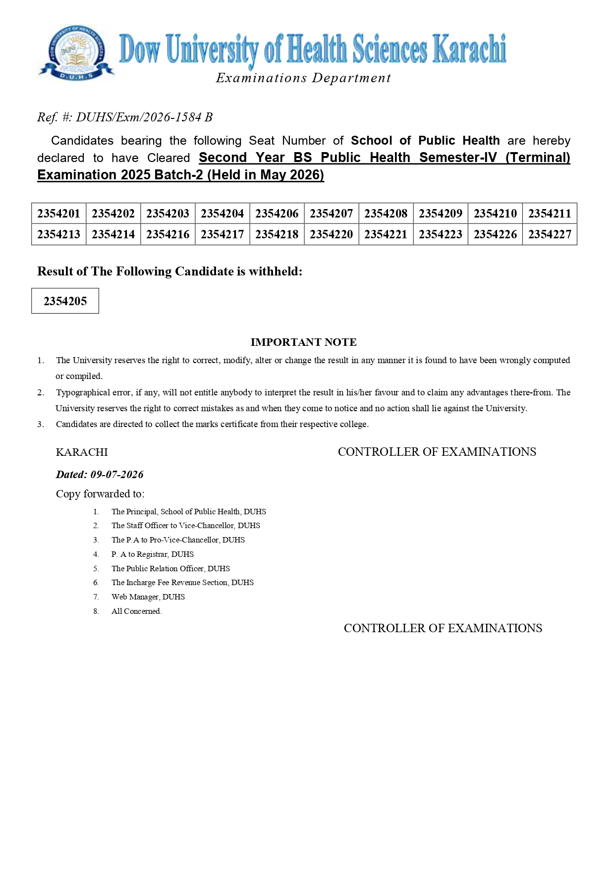 DUHS Result 2026 Announced for BSPH Program Examinations