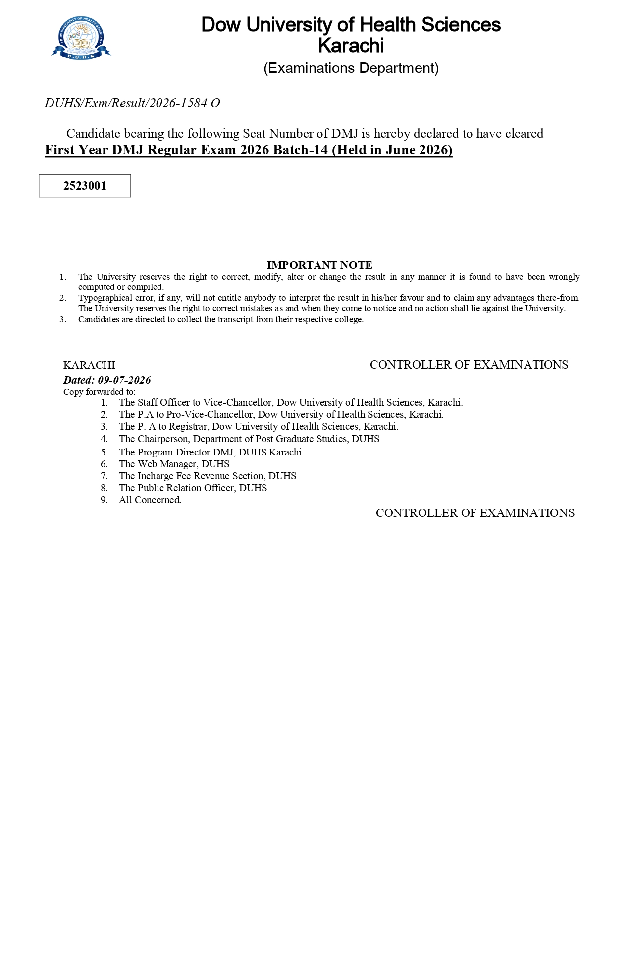 DUHS Releases First Year DMJ Regular Exam Result 2026 for Batch 14 Students DUHS Releases First Year DMJ Regular Exam Result 2026 for Batch 14 Students