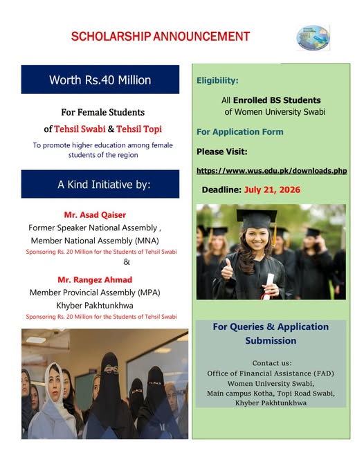 Women University Swabi Rs 40 Million Scholarship for BS Students 2026 Women University Swabi Rs 40 Million Scholarship for BS Students 2026