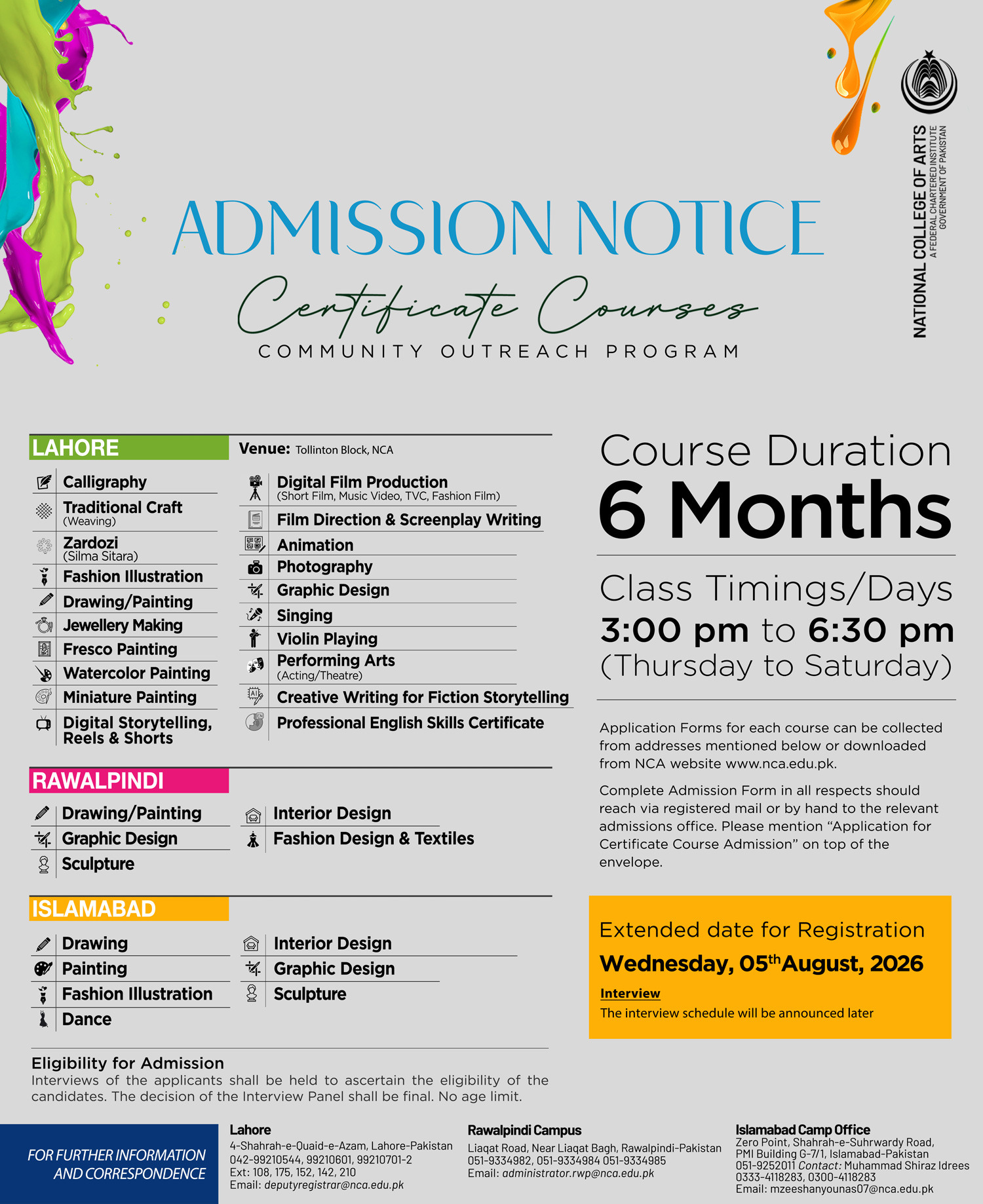 NCA Admission Notice 2026 Released for Certificate Courses Programs Admissions