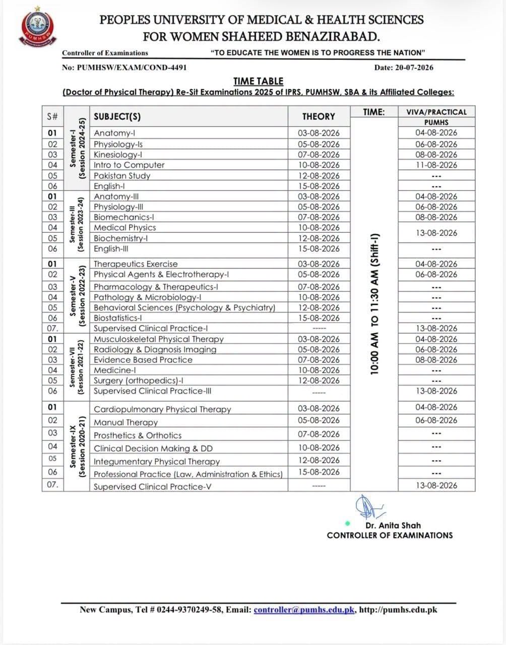 PUMHS DPT Exams Time Table 2026 Announced for All Semesters PUMHS DPT Exams Time Table 2026 Announced for All Semesters