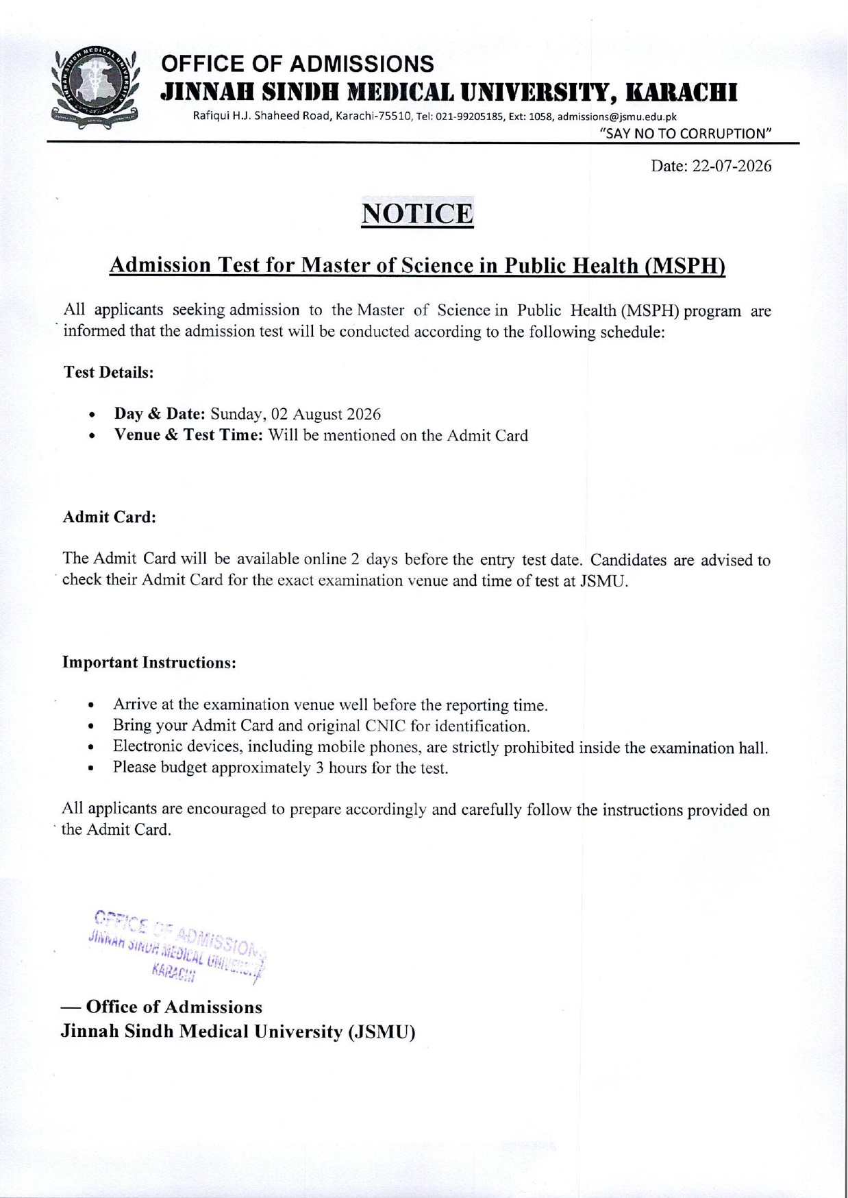 JSMU Admission Test Notice 2026 Released for MSPH Program Applicants JSMU Admission Test Notice 2026 Released for MSPH Program Applicants