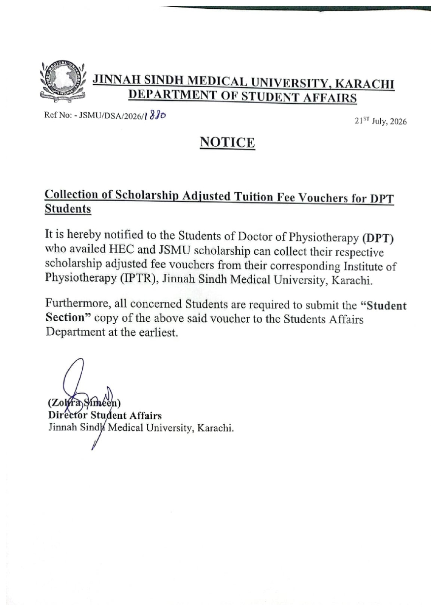JSMU Fee Voucher Collection Notice 2026 Issued for DPT Scholarship Students JSMU Fee Voucher Collection Notice 2026 Issued for DPT Scholarship Students