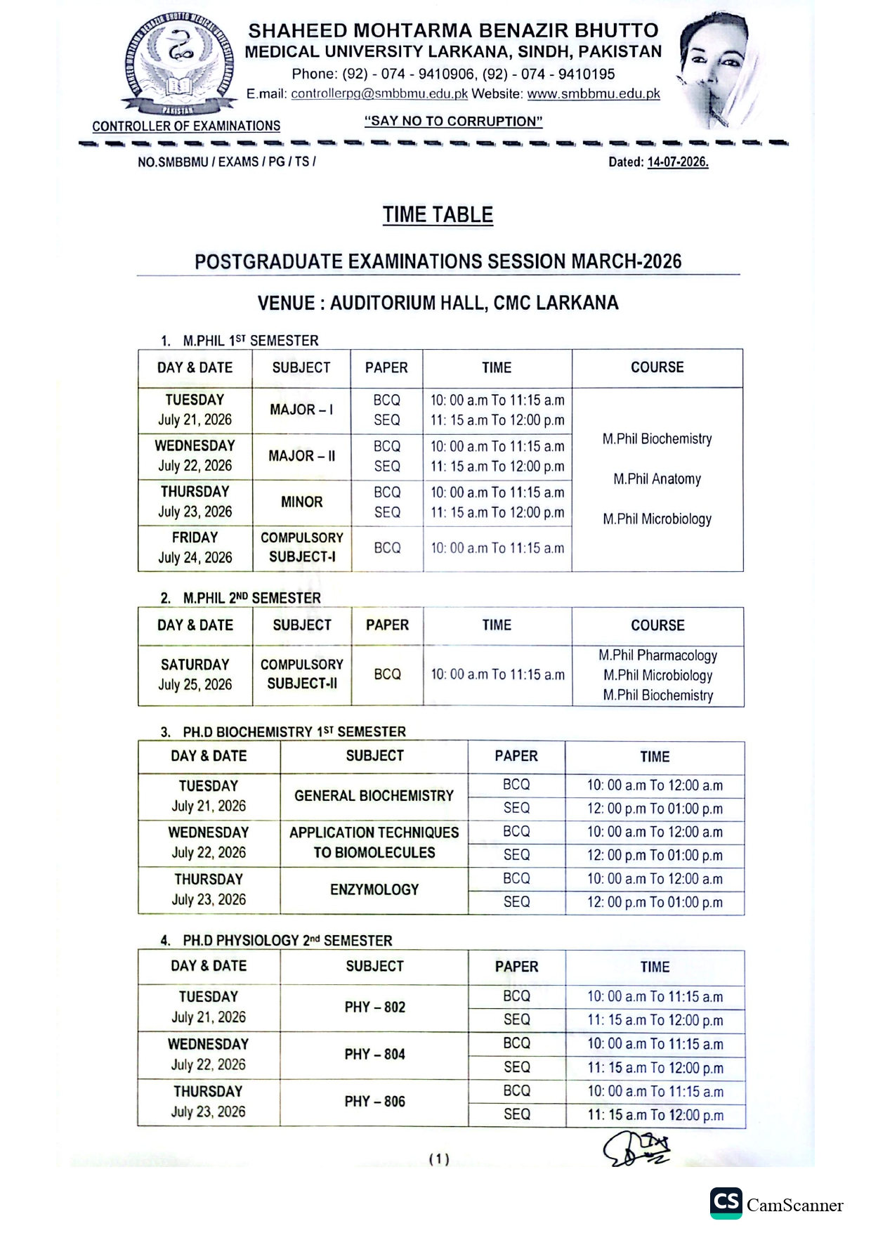 SMBBMU Time Table 2026 Released for Upcoming University Examinations SMBBMU Time Table 2026 Released for Upcoming University Examinations