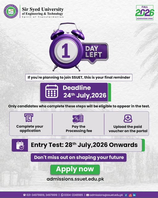 SSUET Admissions 2026 Entry Test Schedule and Application Deadline Announced