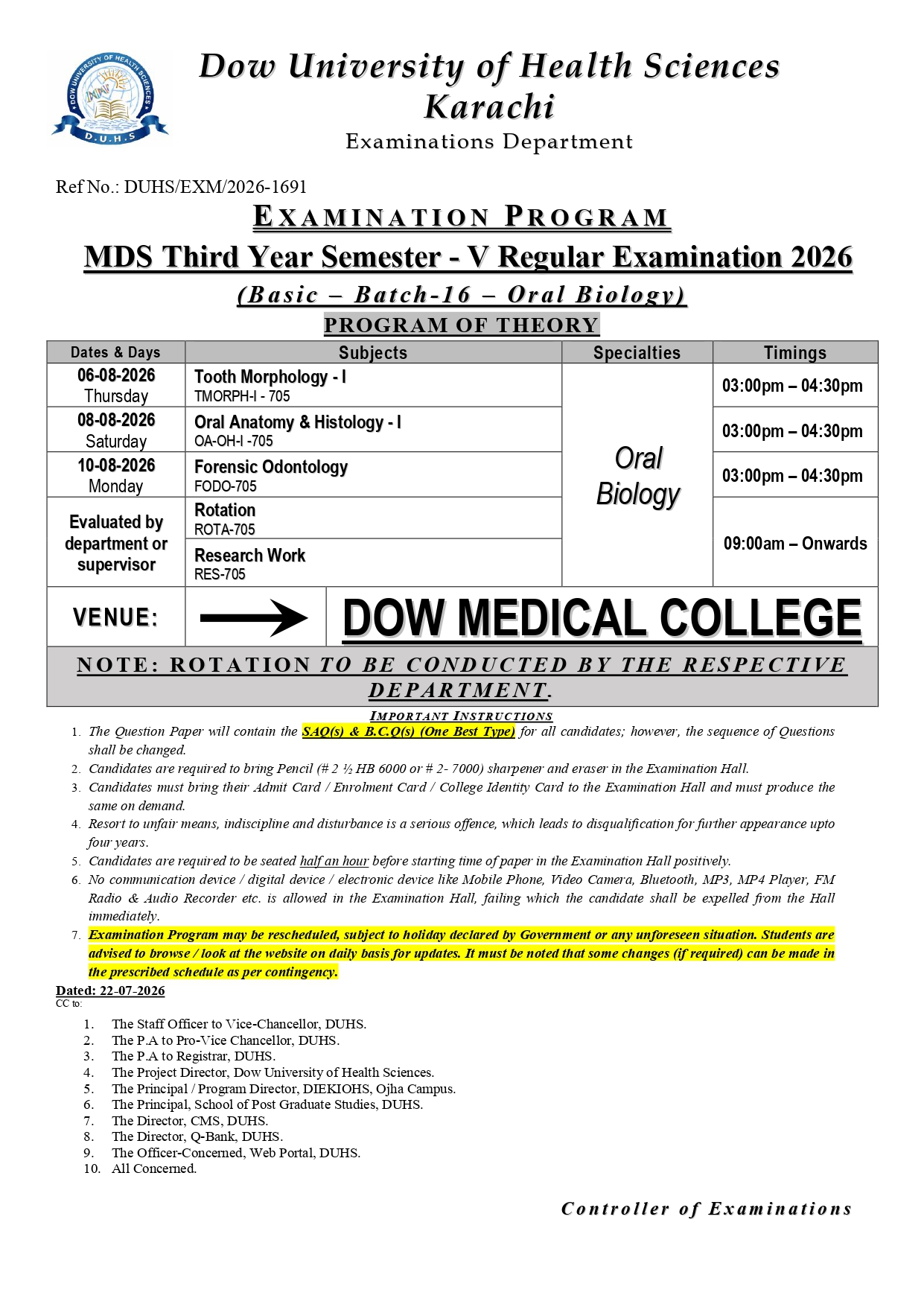 DUHS Date Sheet 2026 Released for MDS 3rd Year Sem V Regular Exams