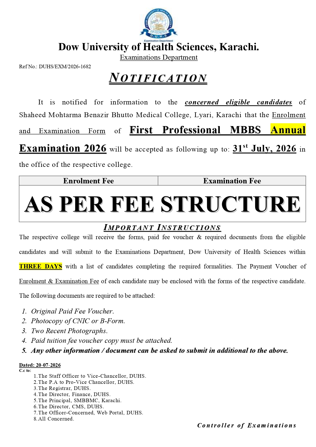 DUHS Enrolment & Exam Form Notice 2026 Released for 1st Prof MBBS Students