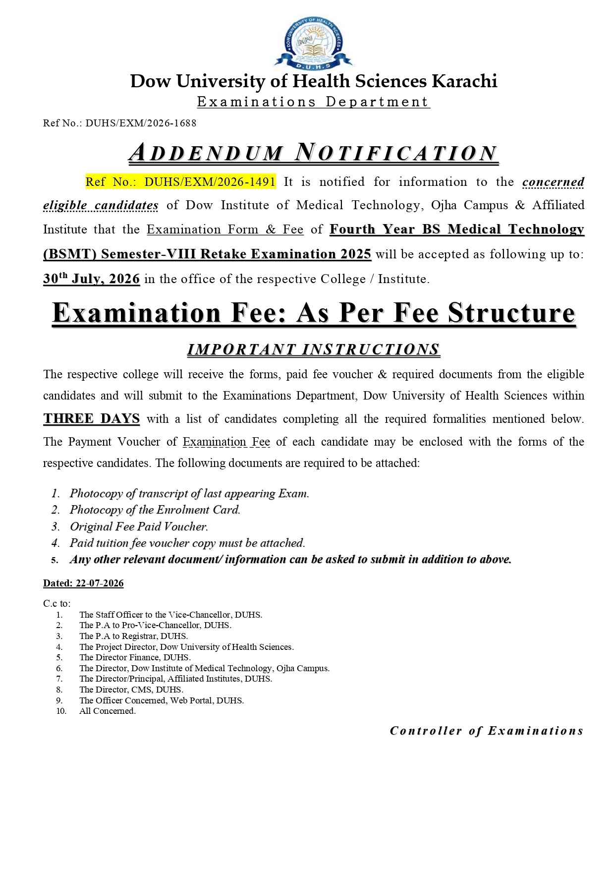 DUHS BSMT Semester VIII Retake Exam 2026 Form & Fee Notice Announced