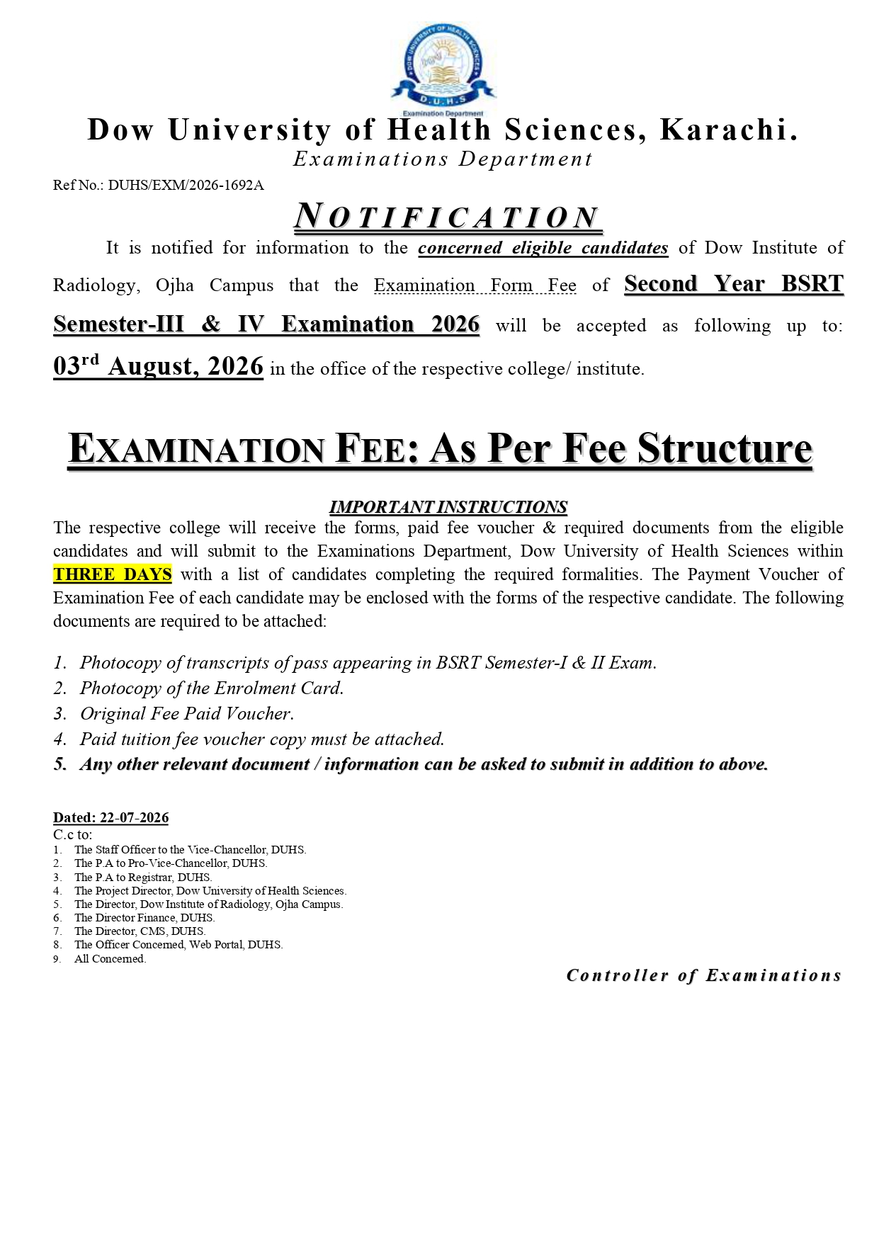 DUHS Exam Form & Fee Notice 2026 Released for BSRT Semester Examinations