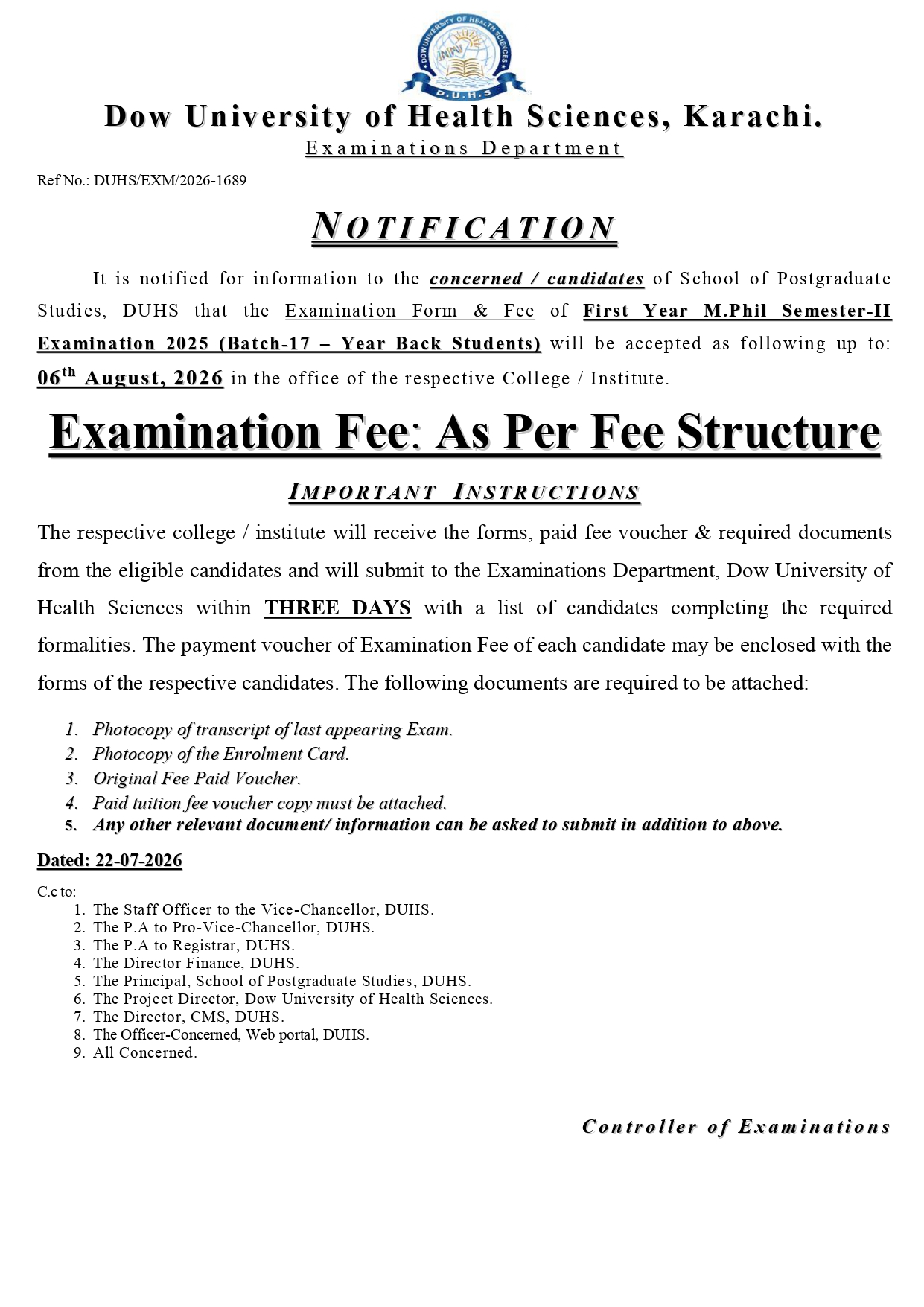DUHS Exam Form & Fee Notice 2026 Released for 1st Year MPhil Semester II