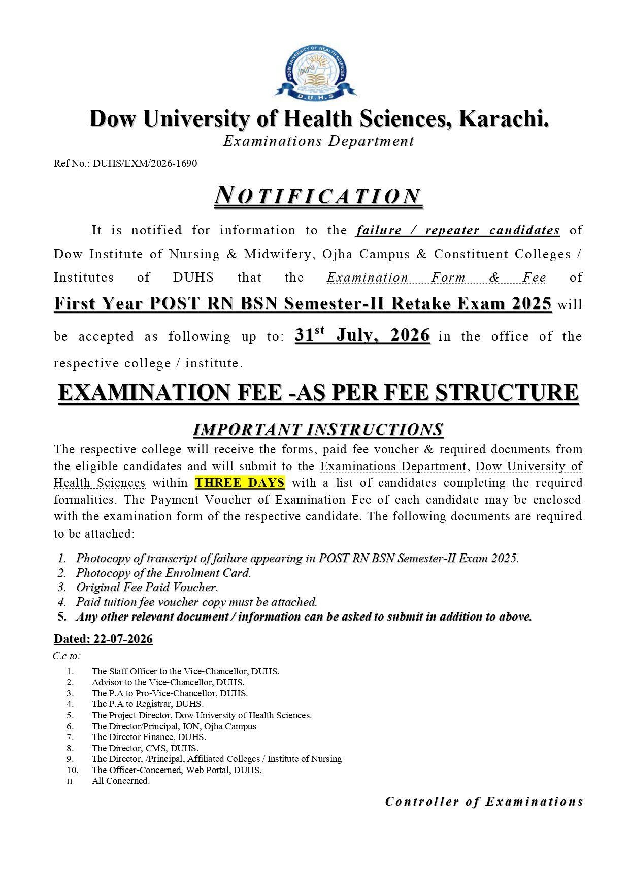 DUHS Exam Form & Fee Notice 2026 Released for POST RN BSN Semester II Retake