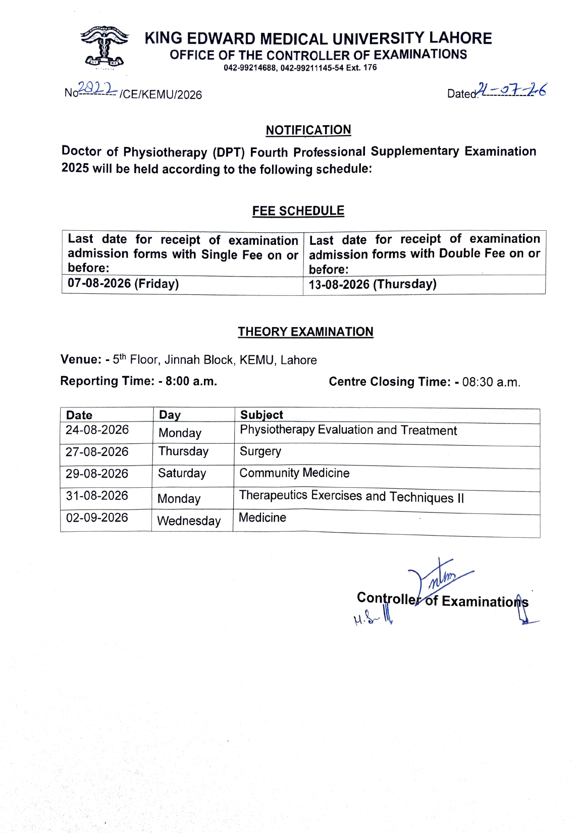 KEMU DPT 4th Professional Supplementary Date Sheet 2026 & Fee Schedule Announced KEMU DPT 4th Professional Supplementary Date Sheet 2026 & Fee Schedule Announced